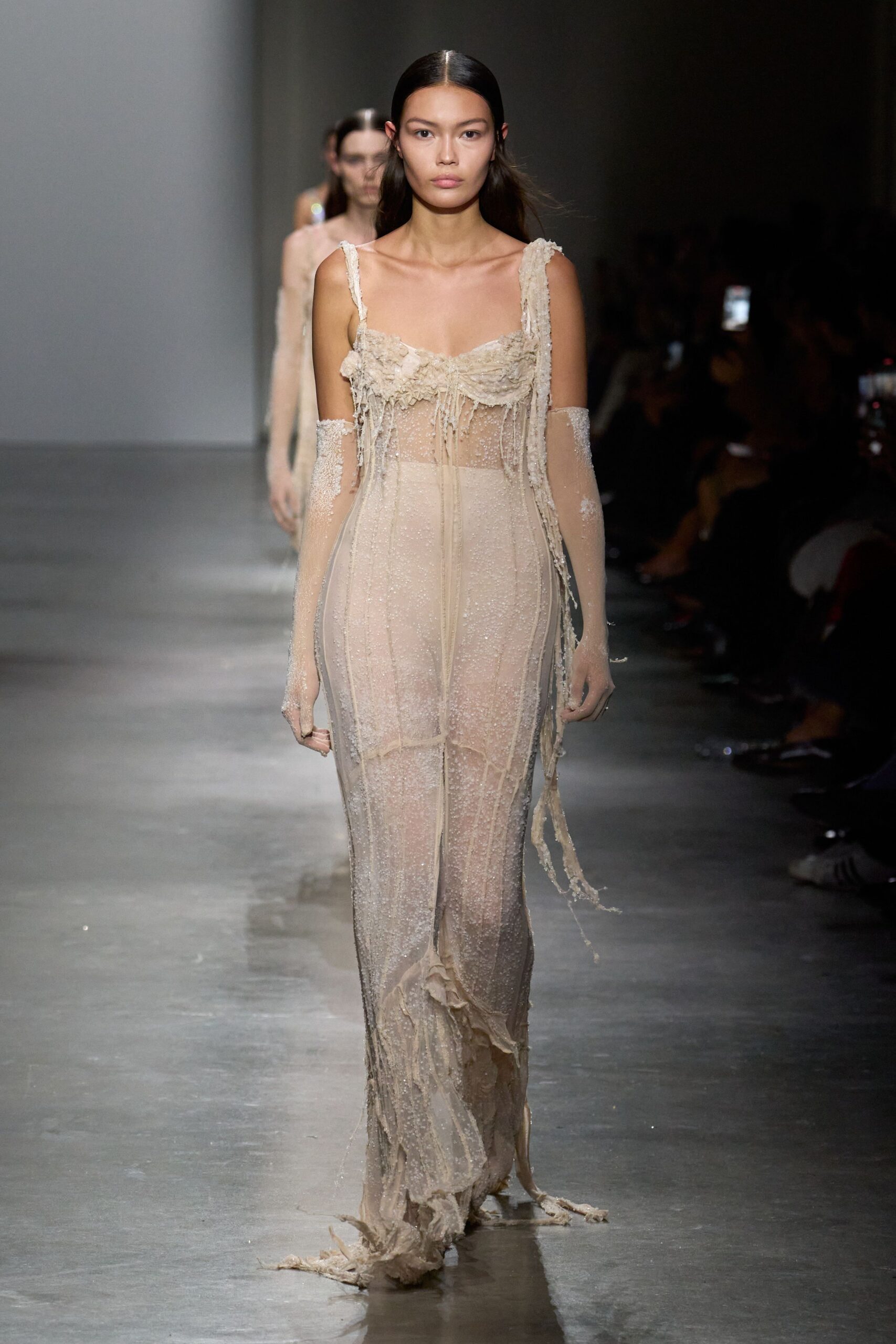 beige sheer ruffled gown