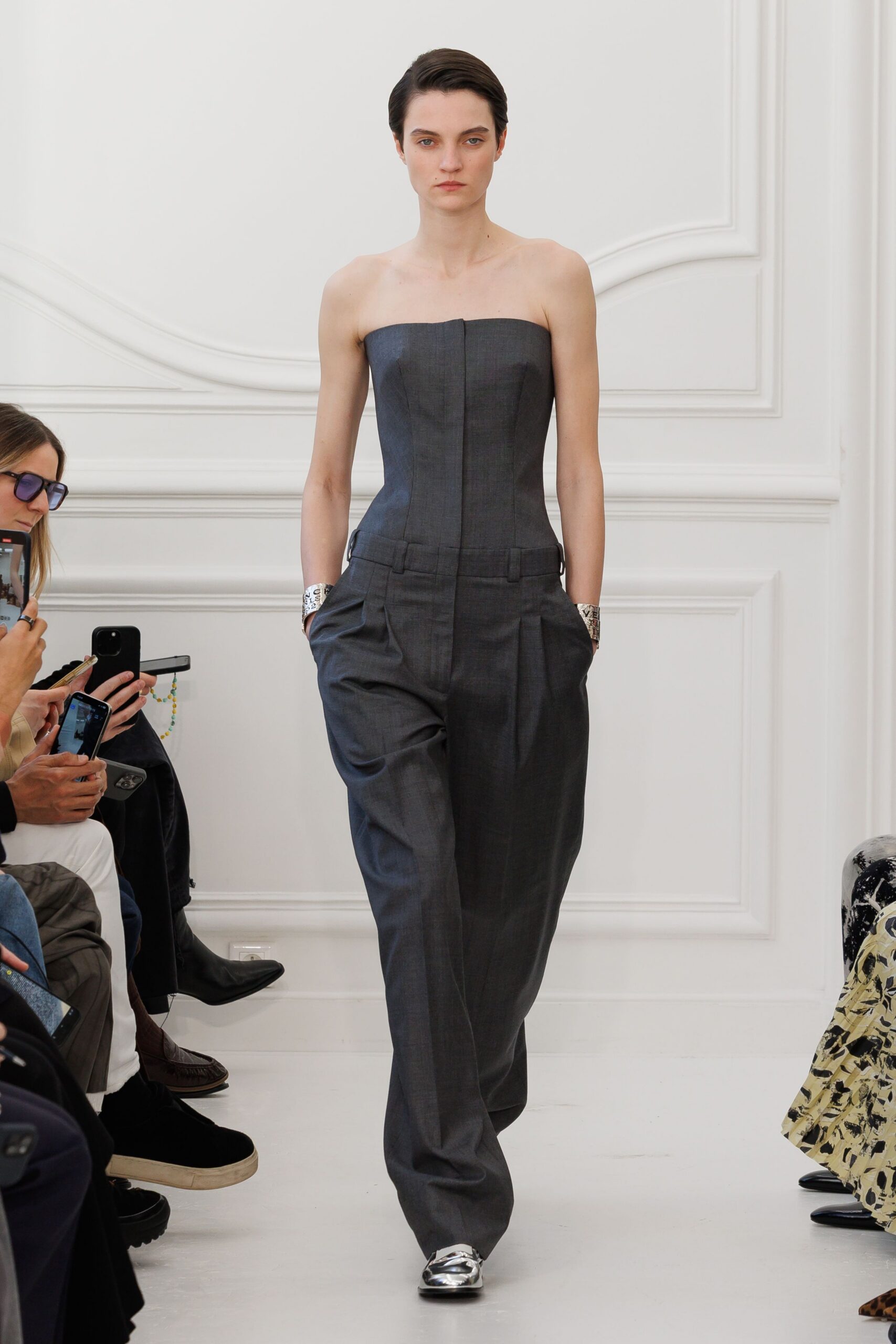 gray cotton strapless fitted pockets jumpsuit