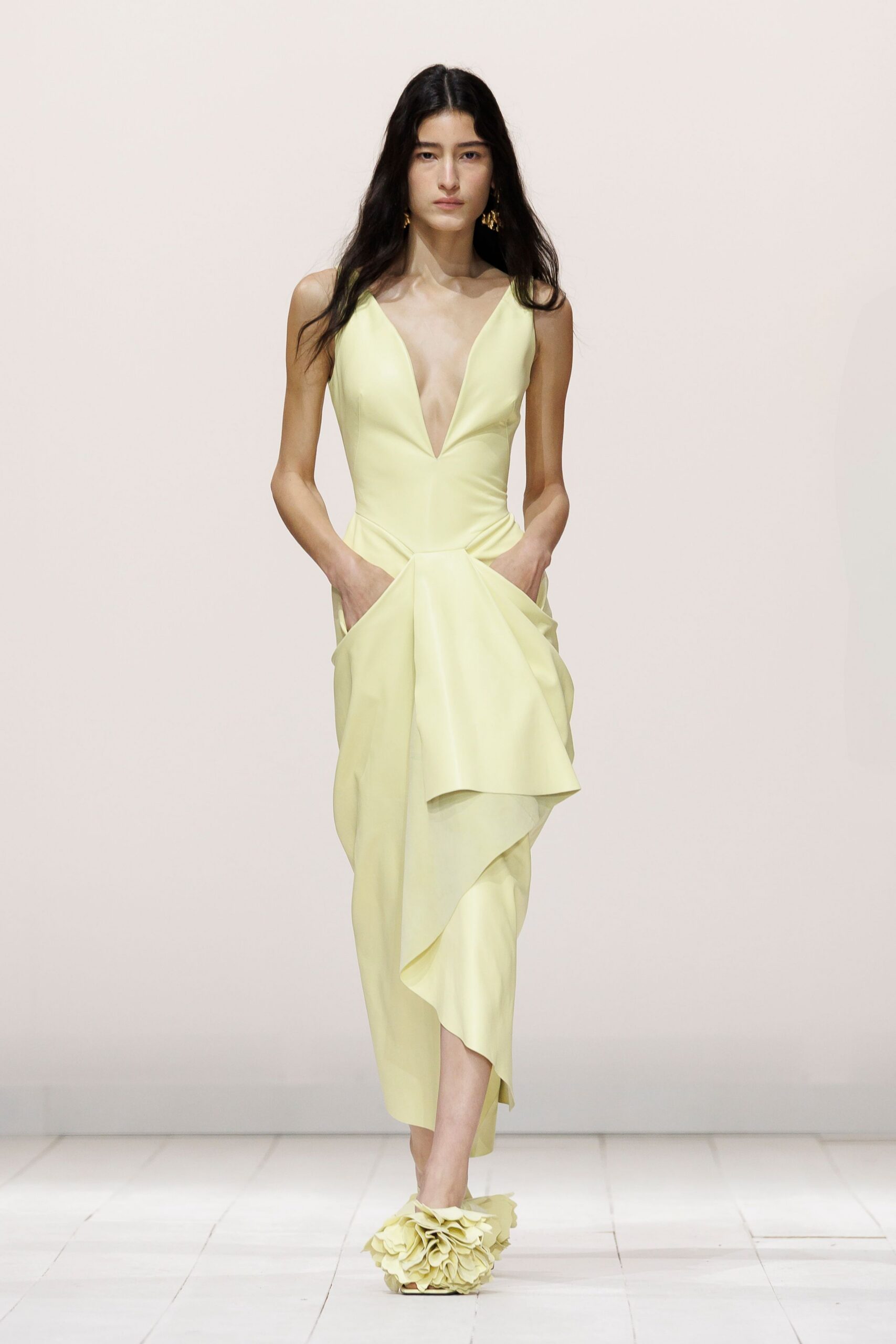 yellow silk sleeveless v-neck fitted draped pleated dress
