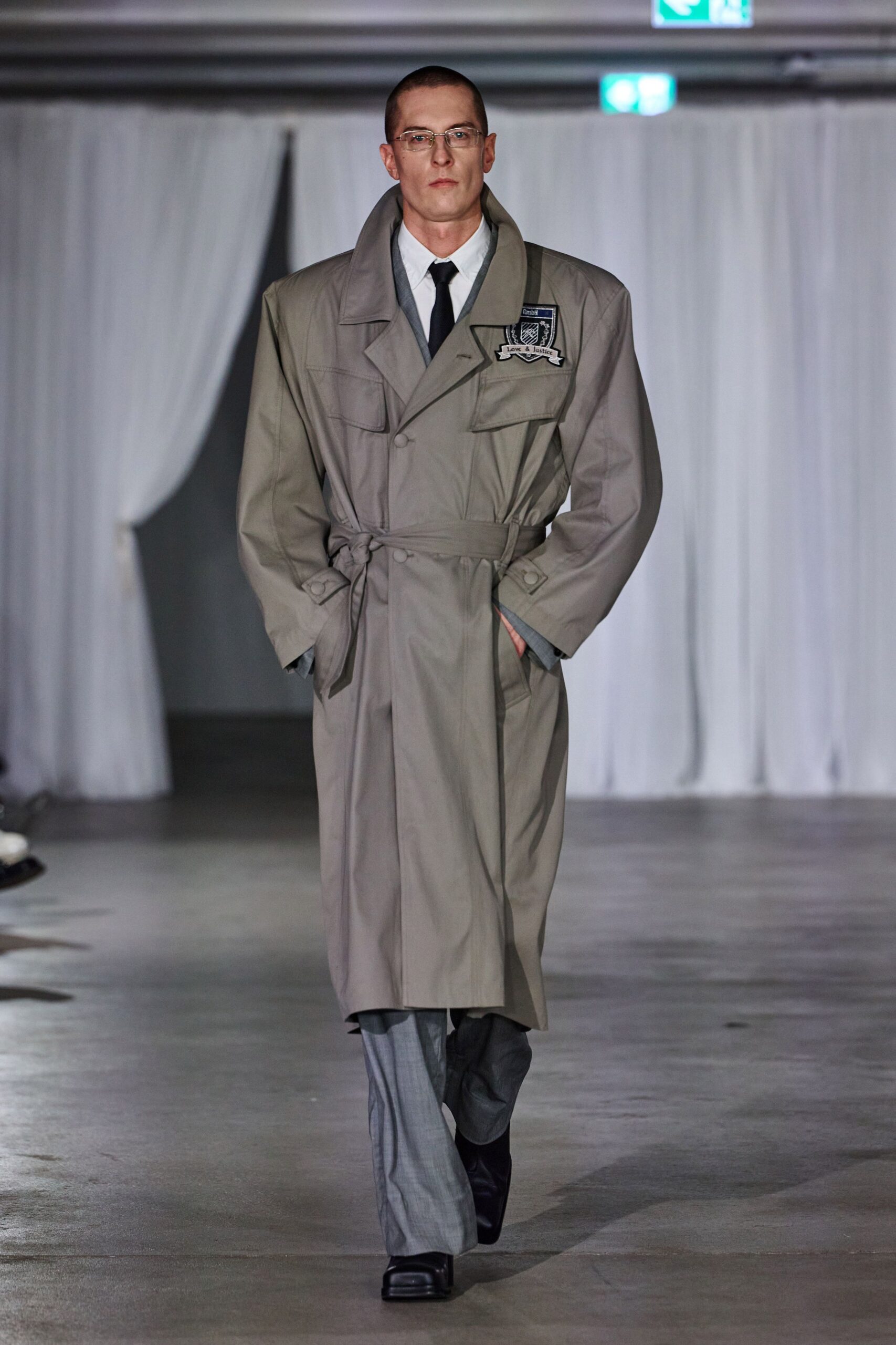 gray coat with tailored pants