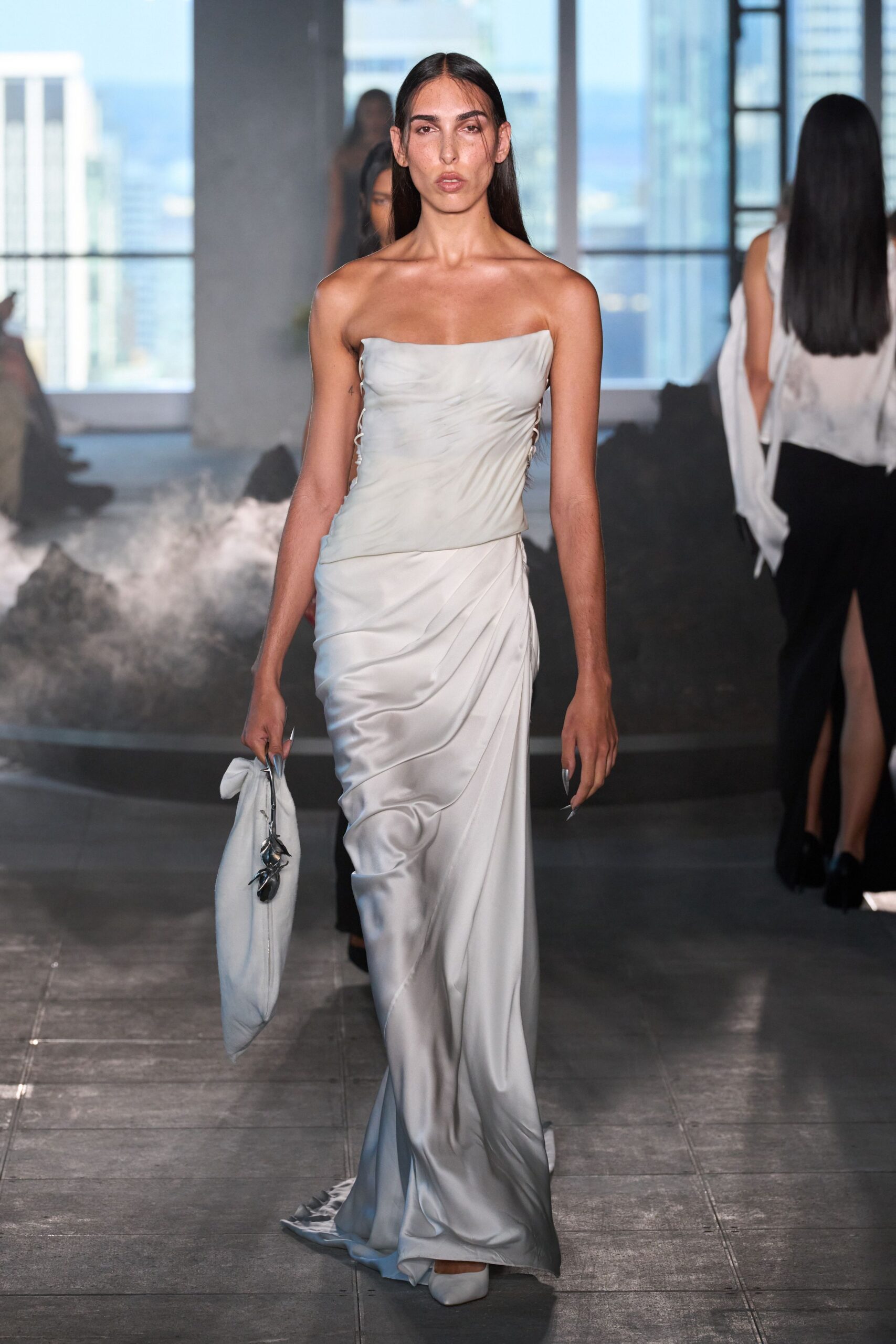 gray silk strapless fitted draped maxi gown