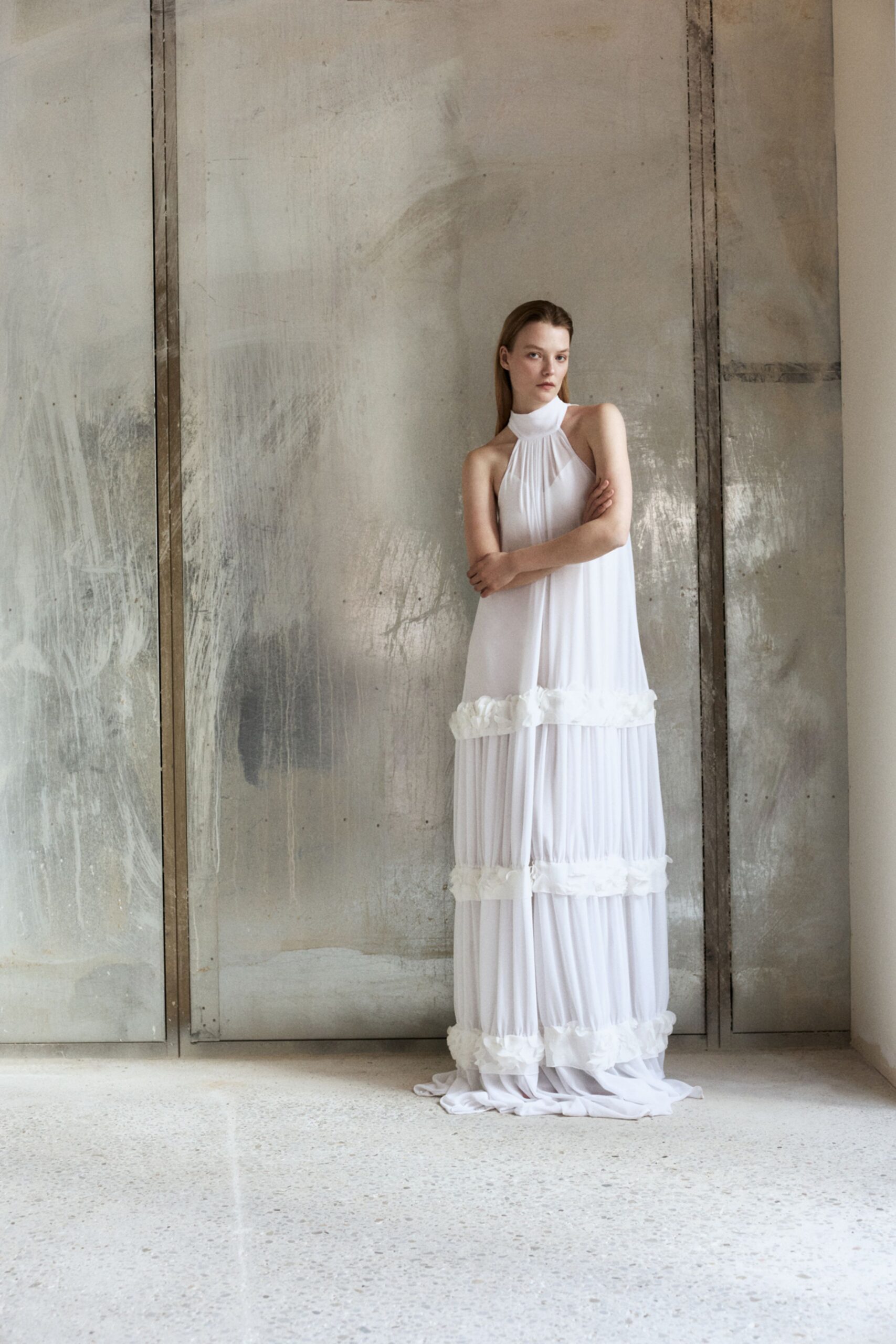 white chiffon sleeveless gown