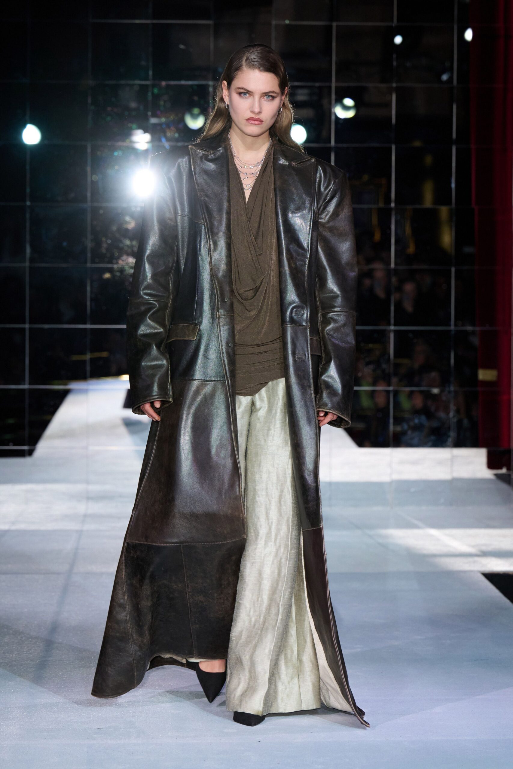 black leather long-sleeve fitted layered maxi coat