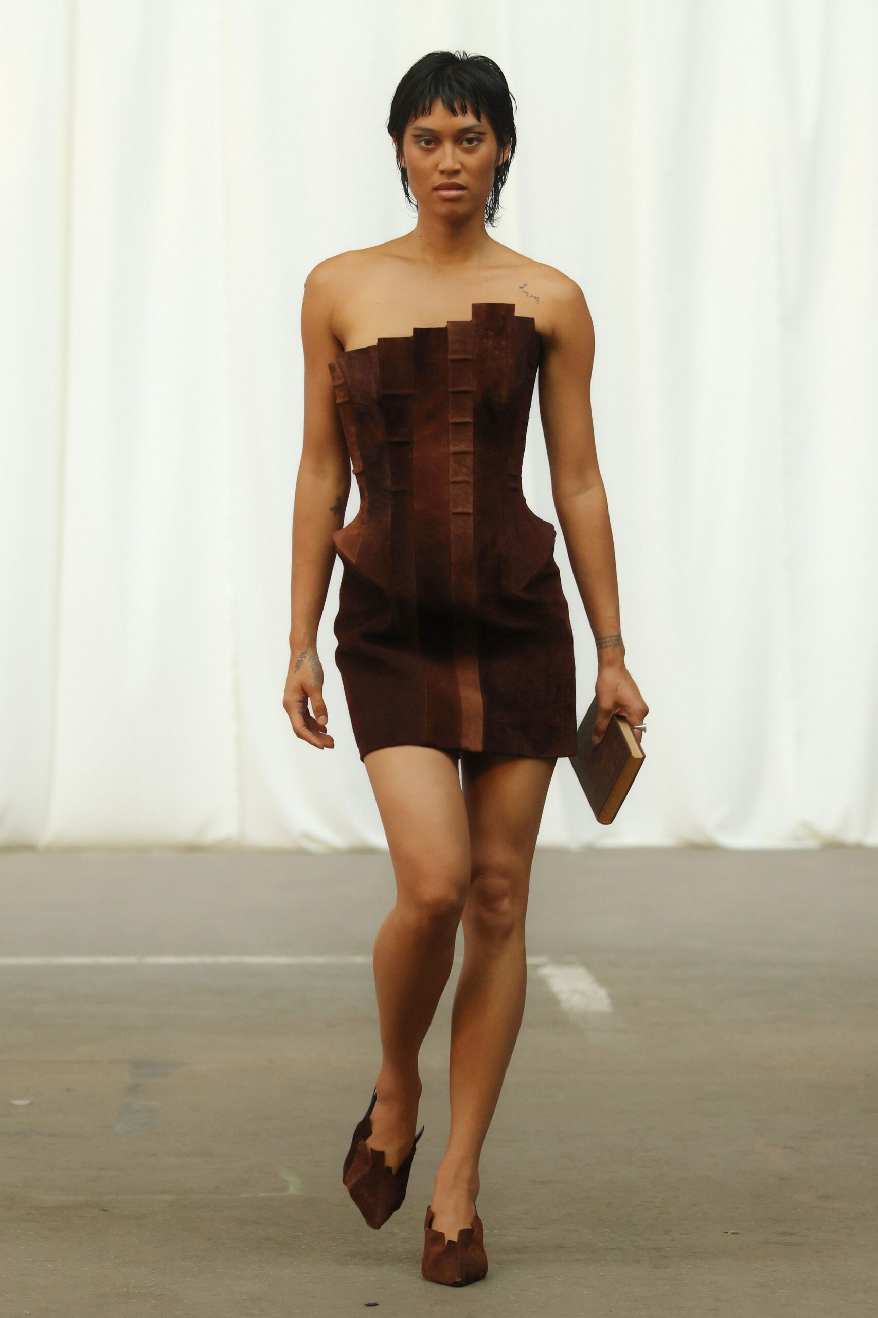 brown suede strapless fitted structured mini dress