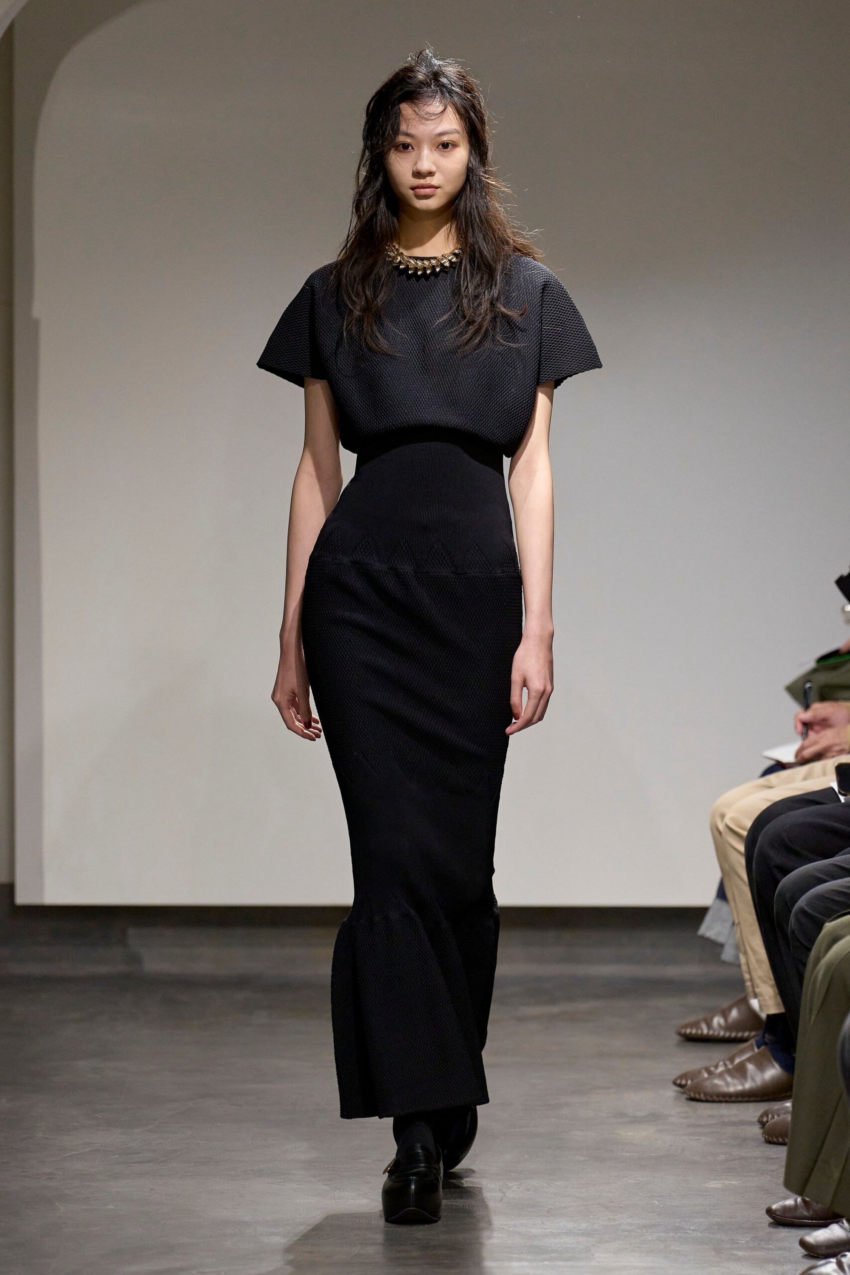black cotton short-sleeve high-neck fitted ribbed flared dress
