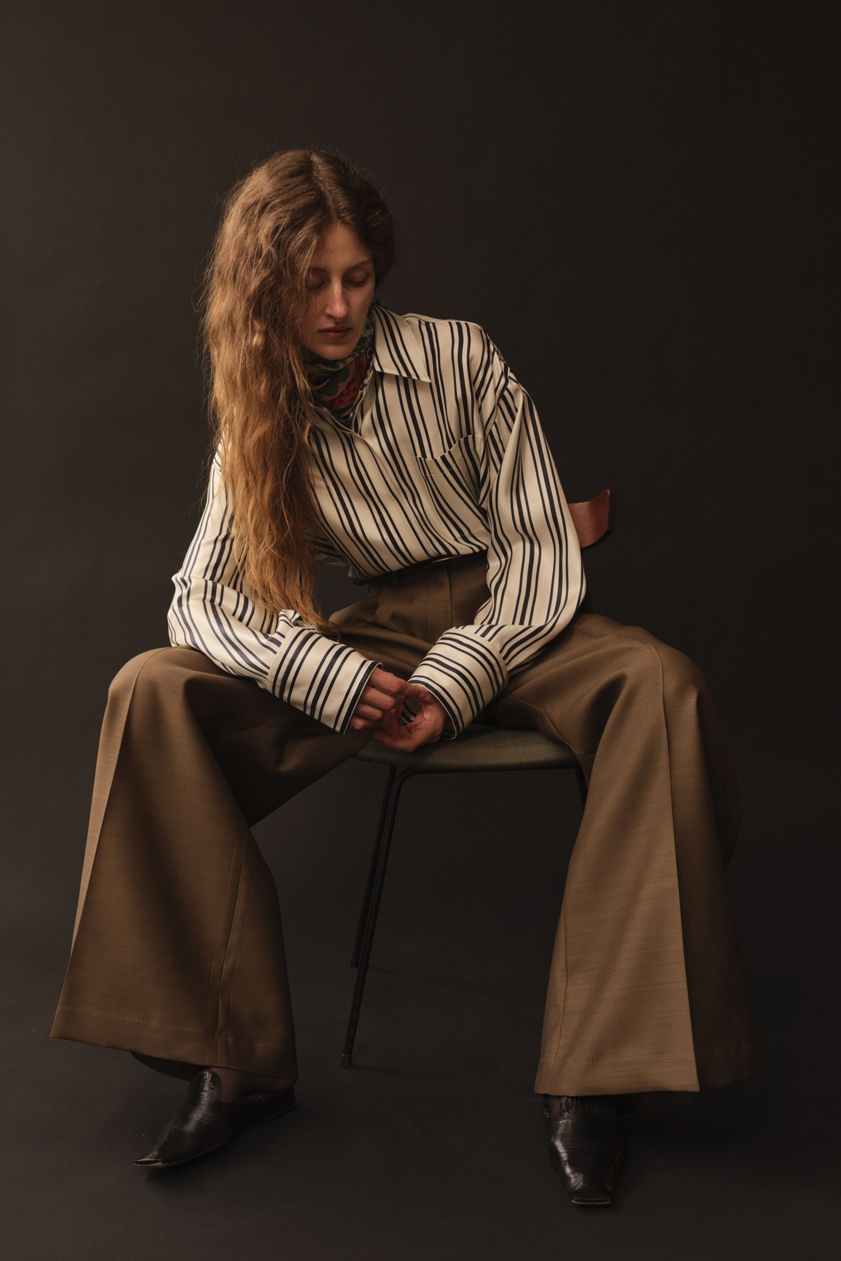 brown silk fitted high-waisted wide-leg pants