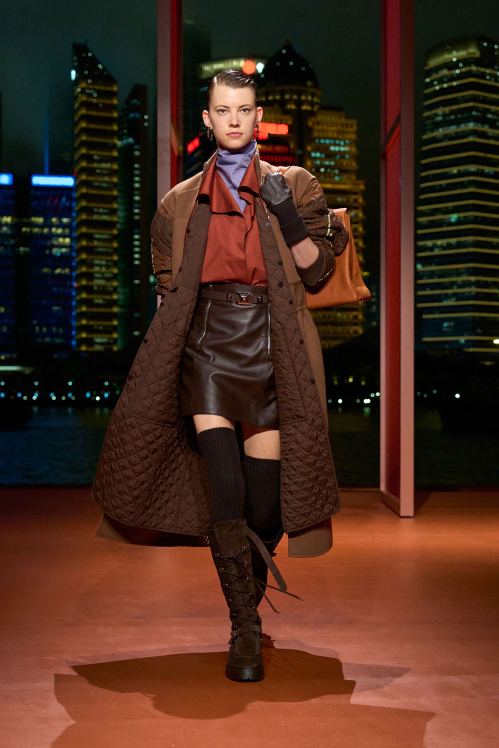 brown wool coat red shirt black skirt