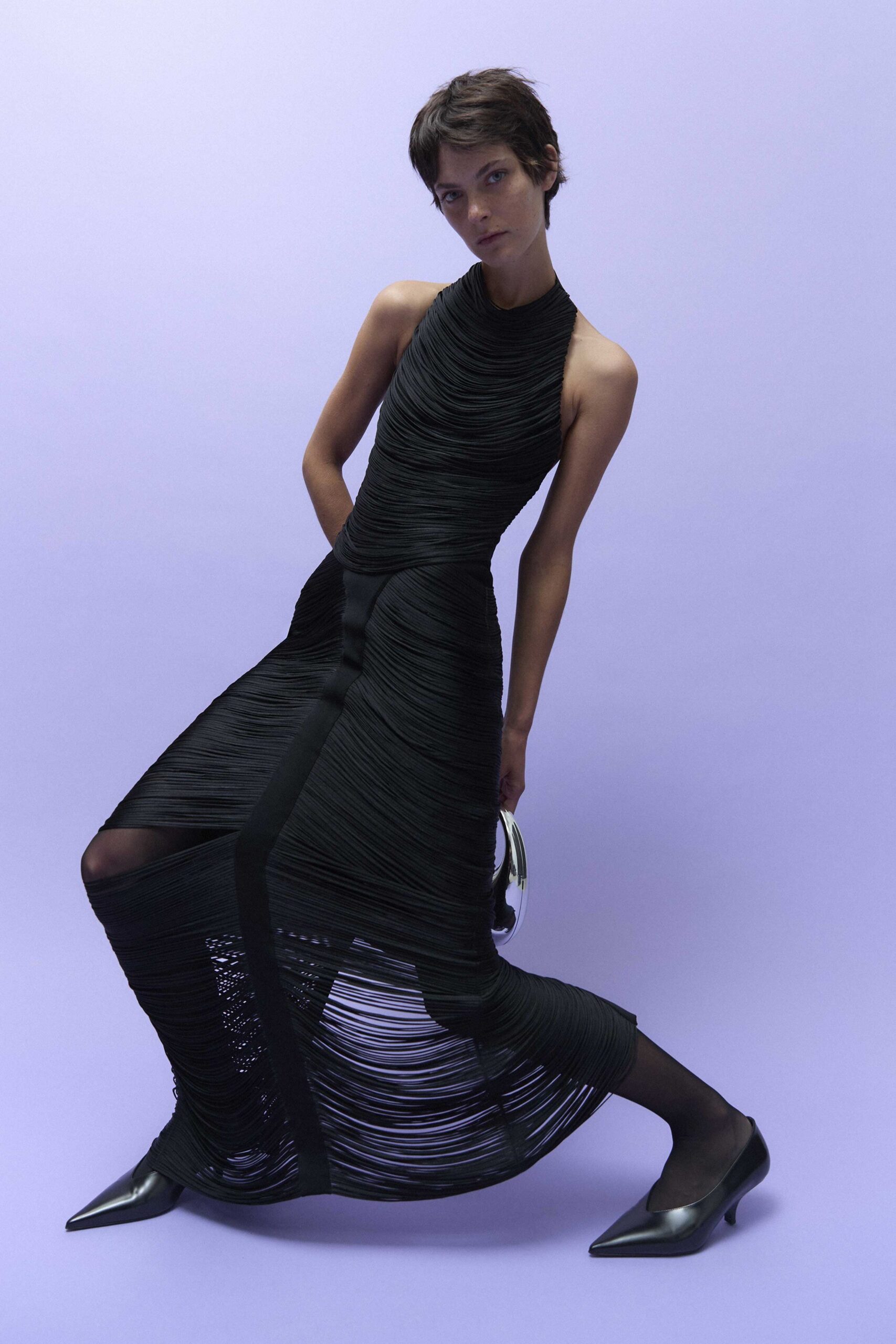black silk sleeveless high-neck fitted pleated draped dress