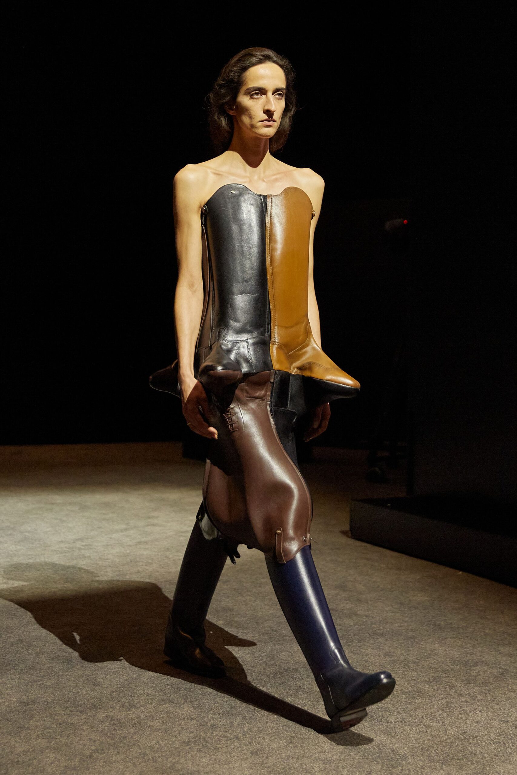 layered leather dress with boots