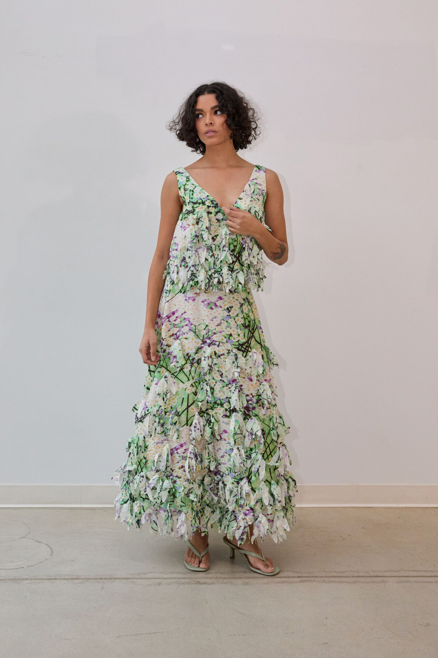 green cotton sleeveless v-neck fitted floral ruffled dress