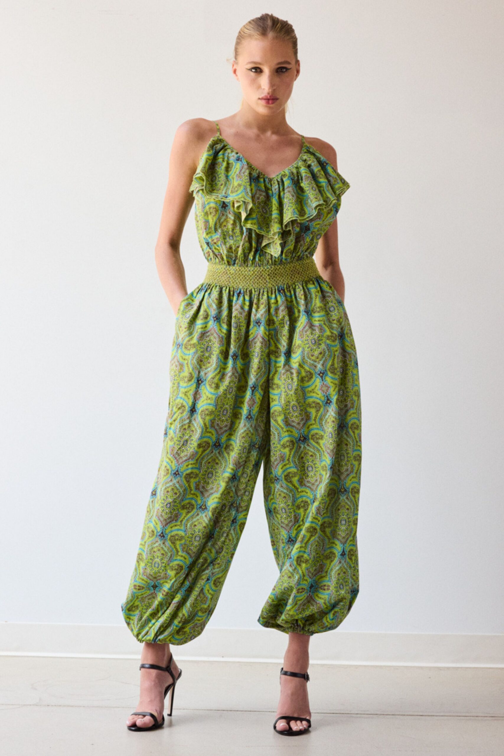 green cotton sleeveless relaxed ruffled printed jumpsuit