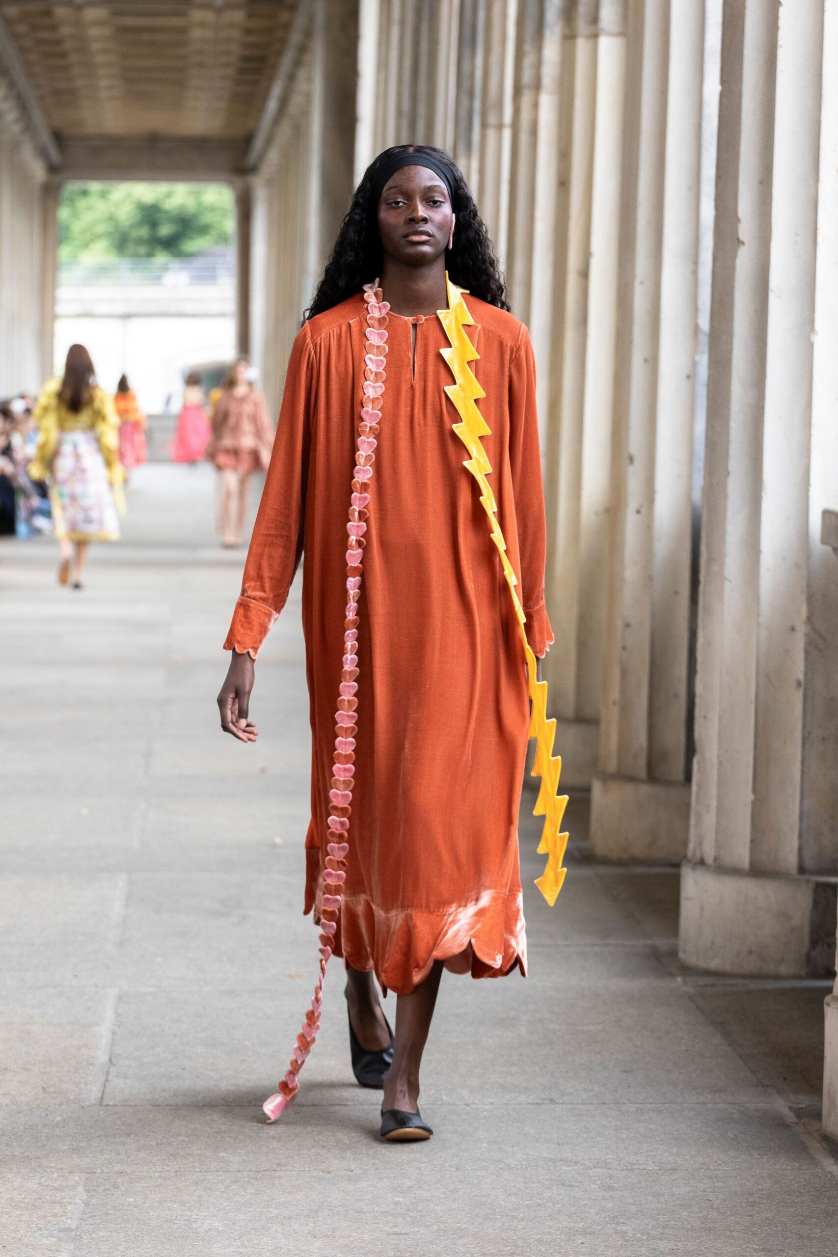 orange cotton long-sleeve relaxed draped tiered midi dress
