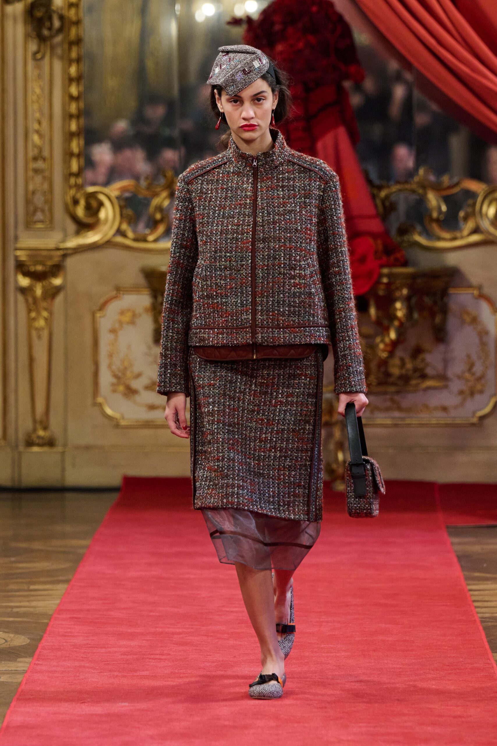 red tweed long-sleeve collared structured zippered jacket