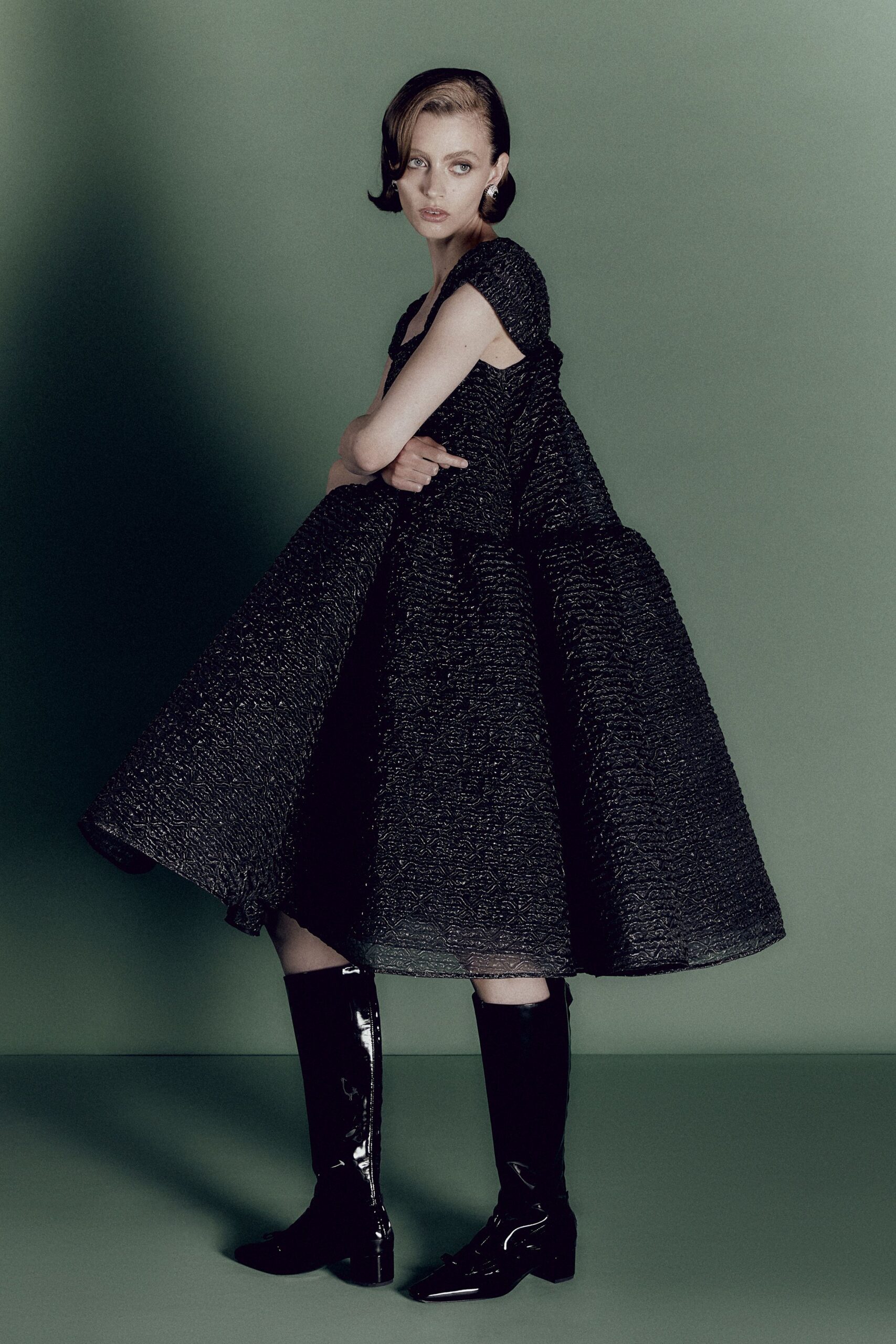 black silk sleeveless v-neck fitted pleated a-line dress
