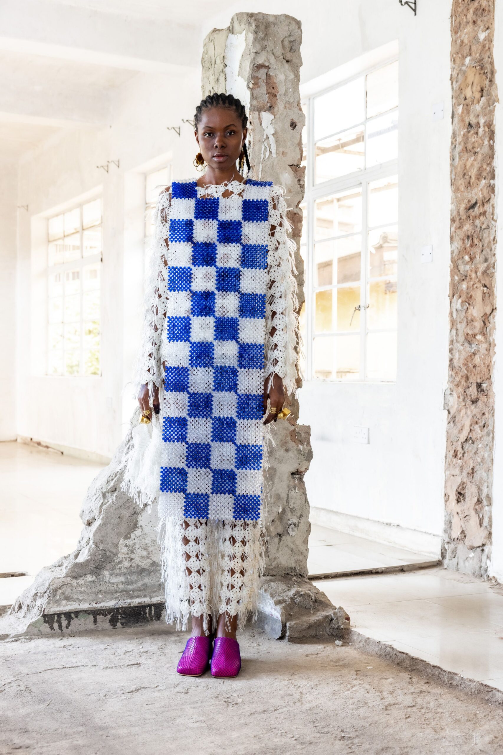 blue and white pleated midi dress