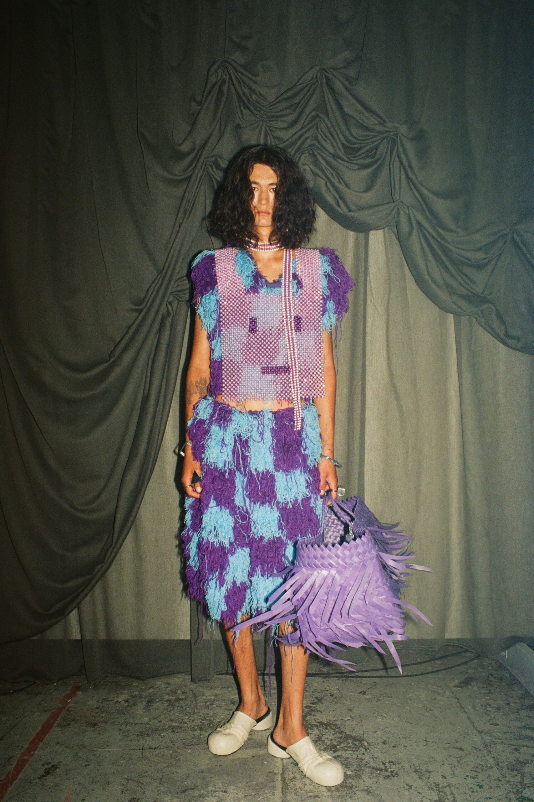 fringed purple mesh top and skirt