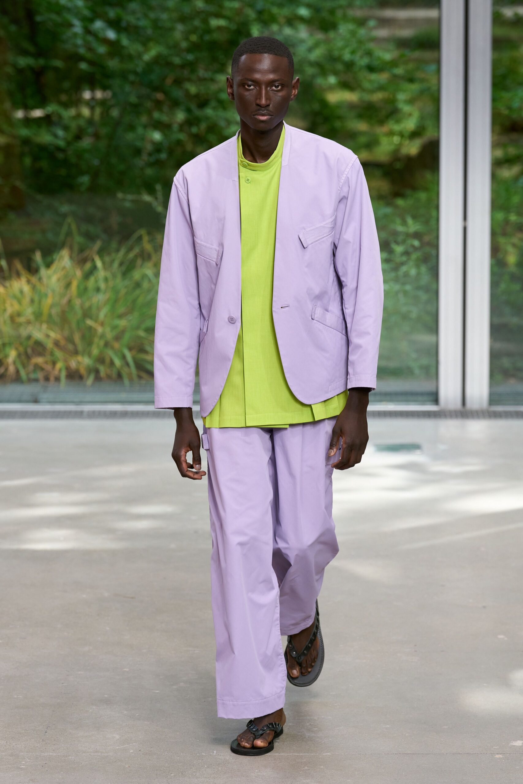 lavender blazer green top lavender pants black sandals