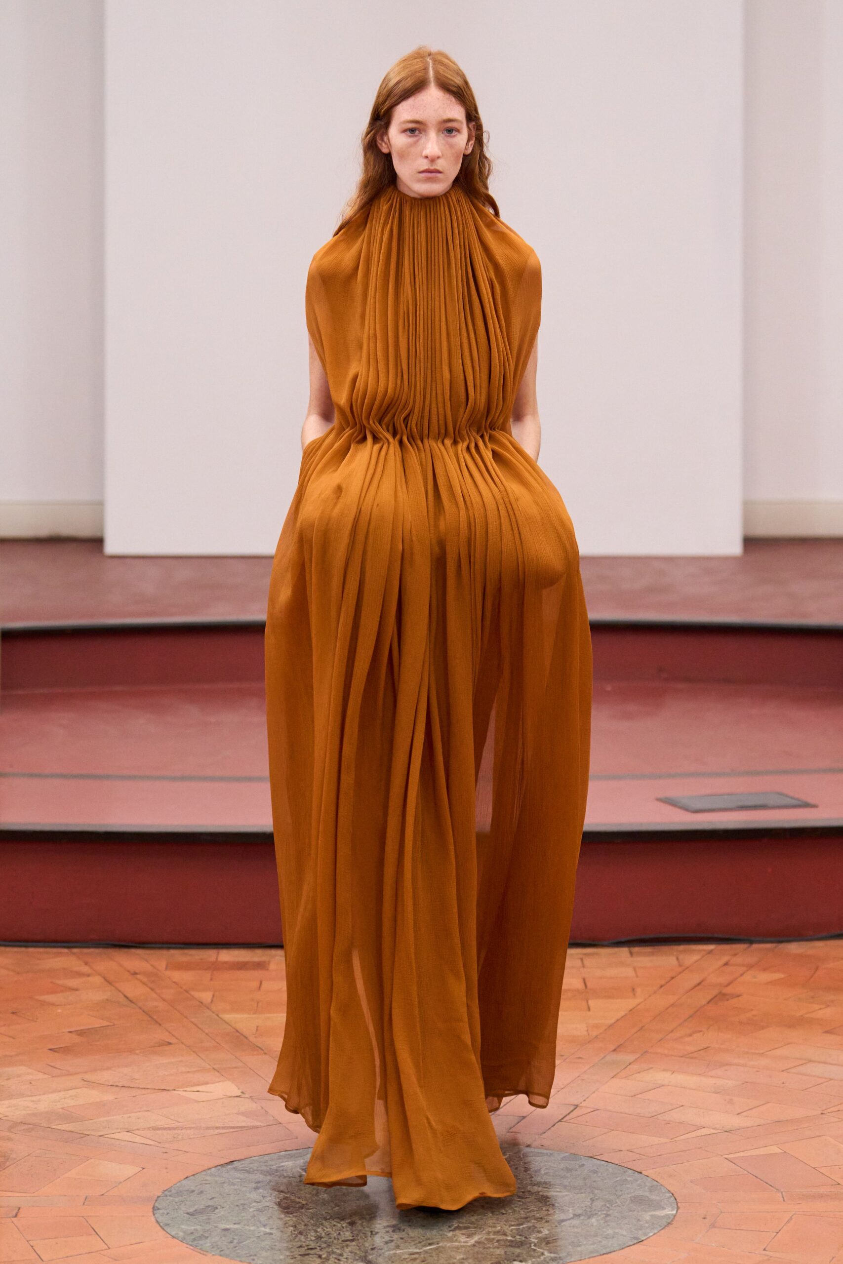 orange silk pleated gown