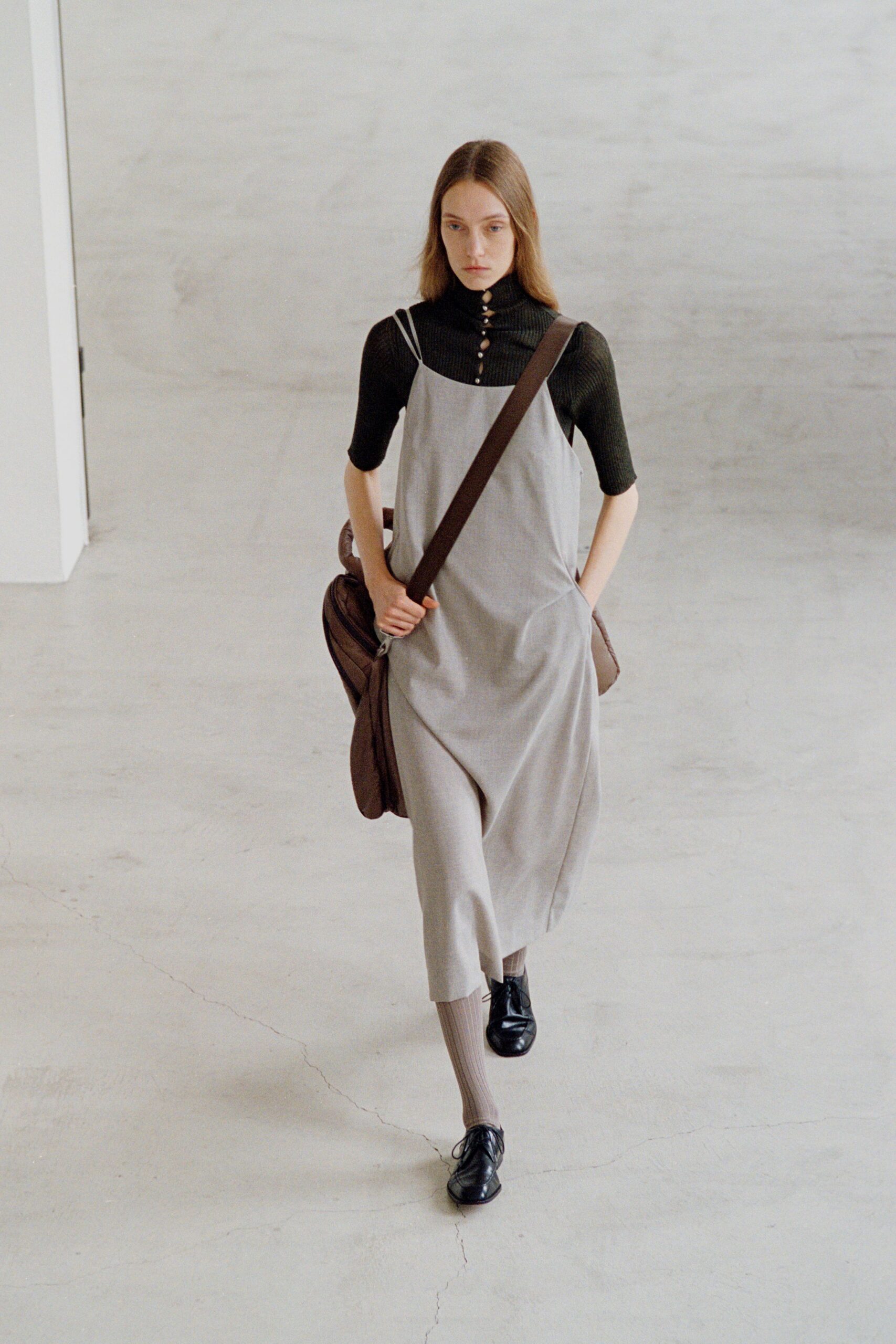 gray cotton sleeveless high-neck fitted buttoned midi dress