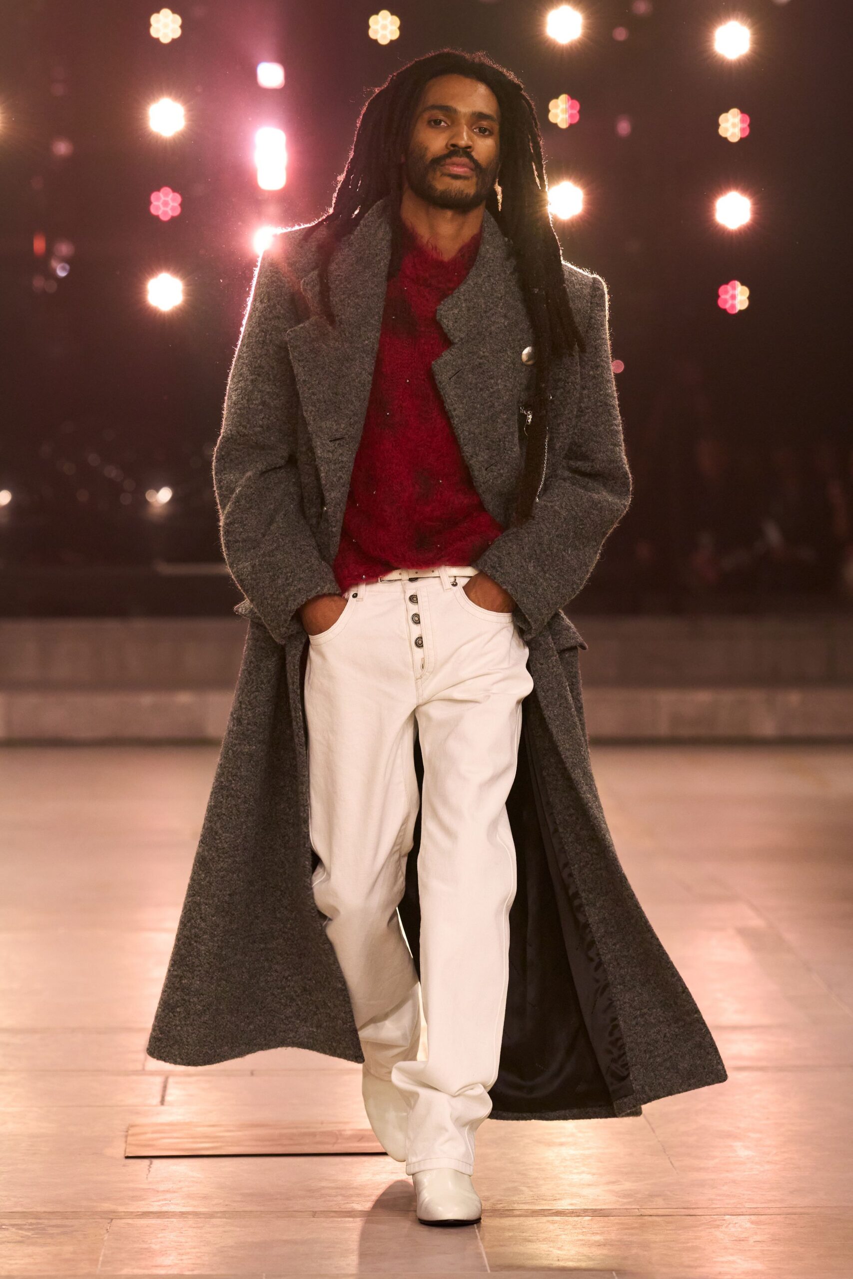 gray wool coat with red shirt