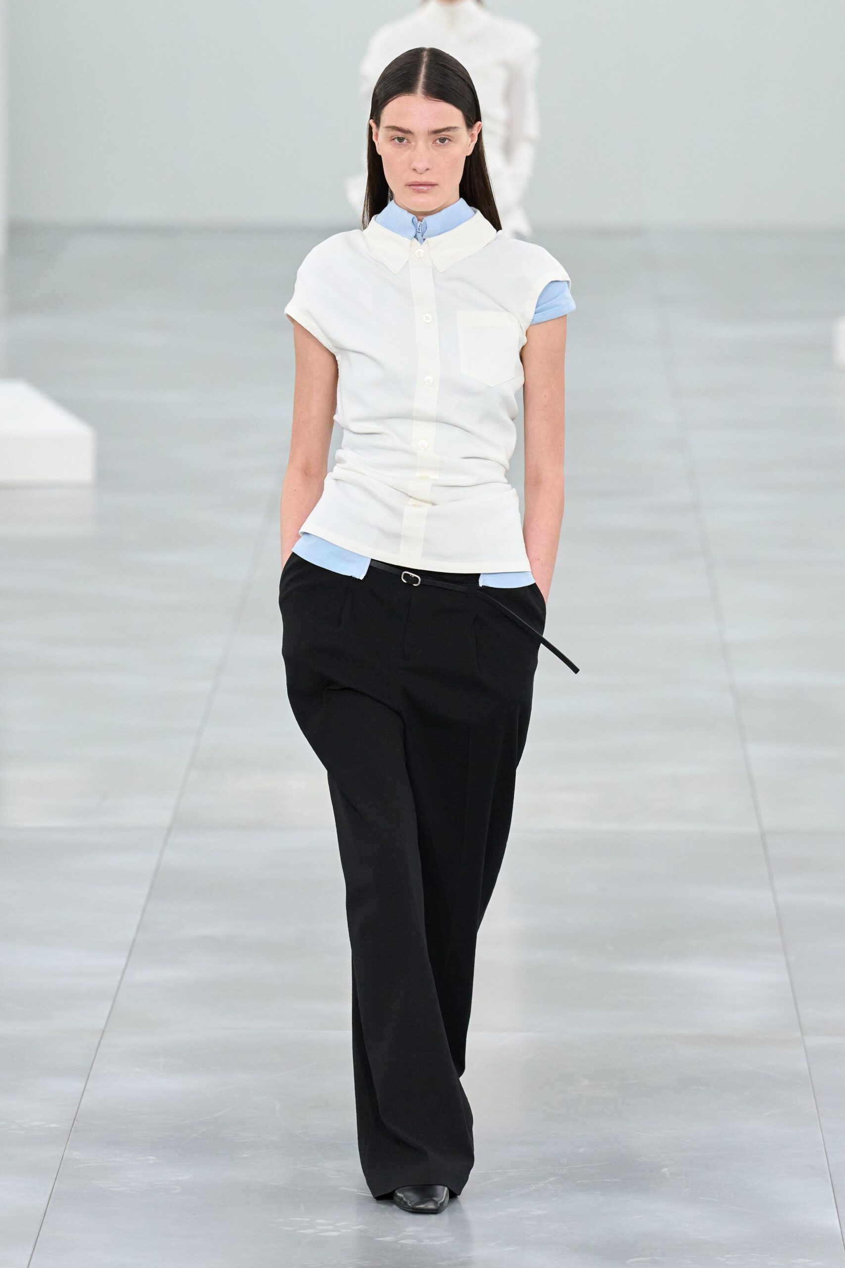 white cotton short-sleeve collared fitted shirt