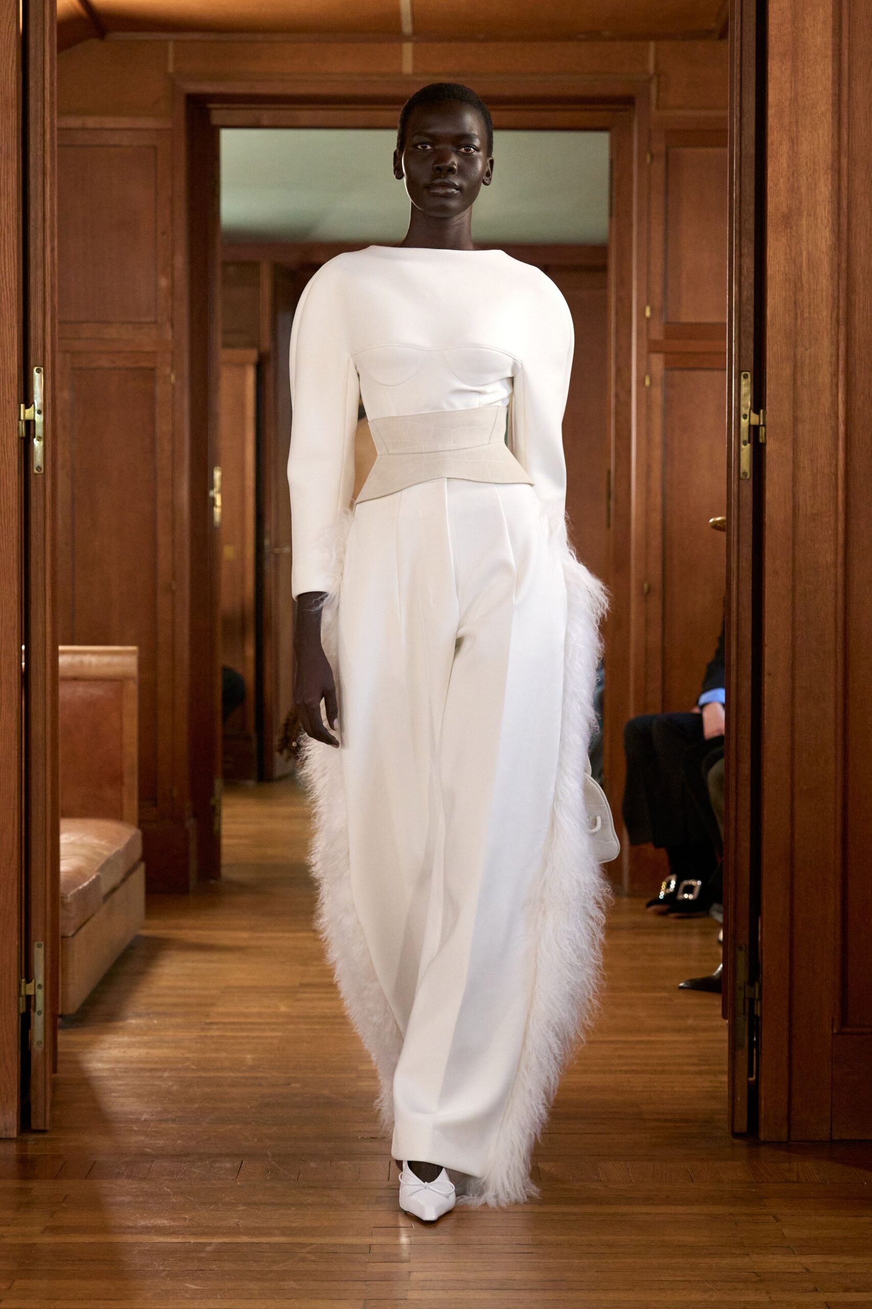 white silk long-sleeve collared fitted pleated pants