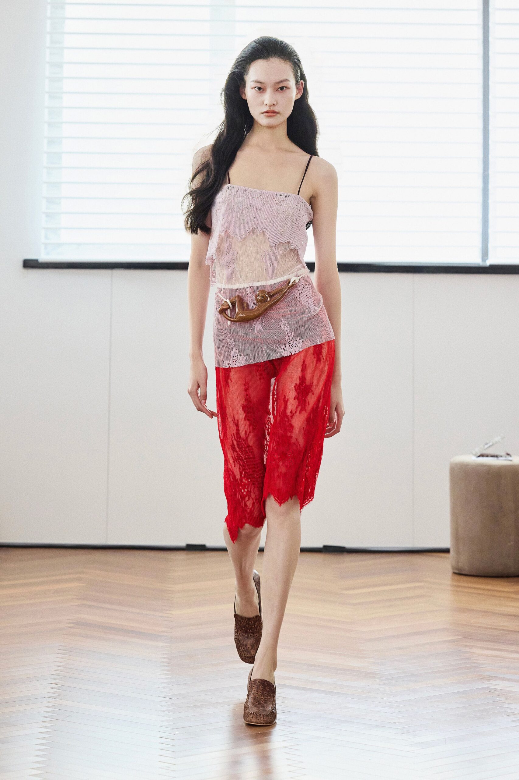 red lace fitted flared sheer pants