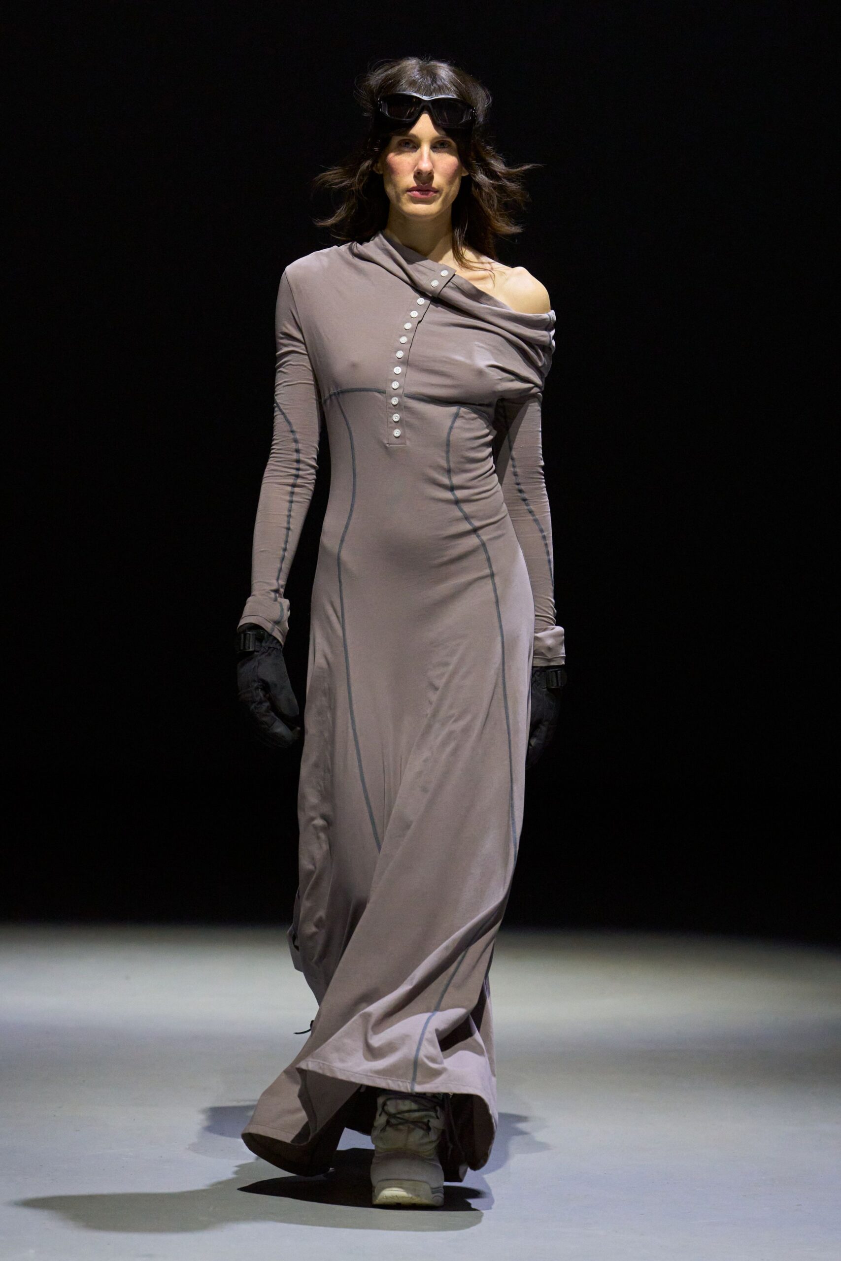 gray cotton long-sleeve off-shoulder fitted buttoned draped gown