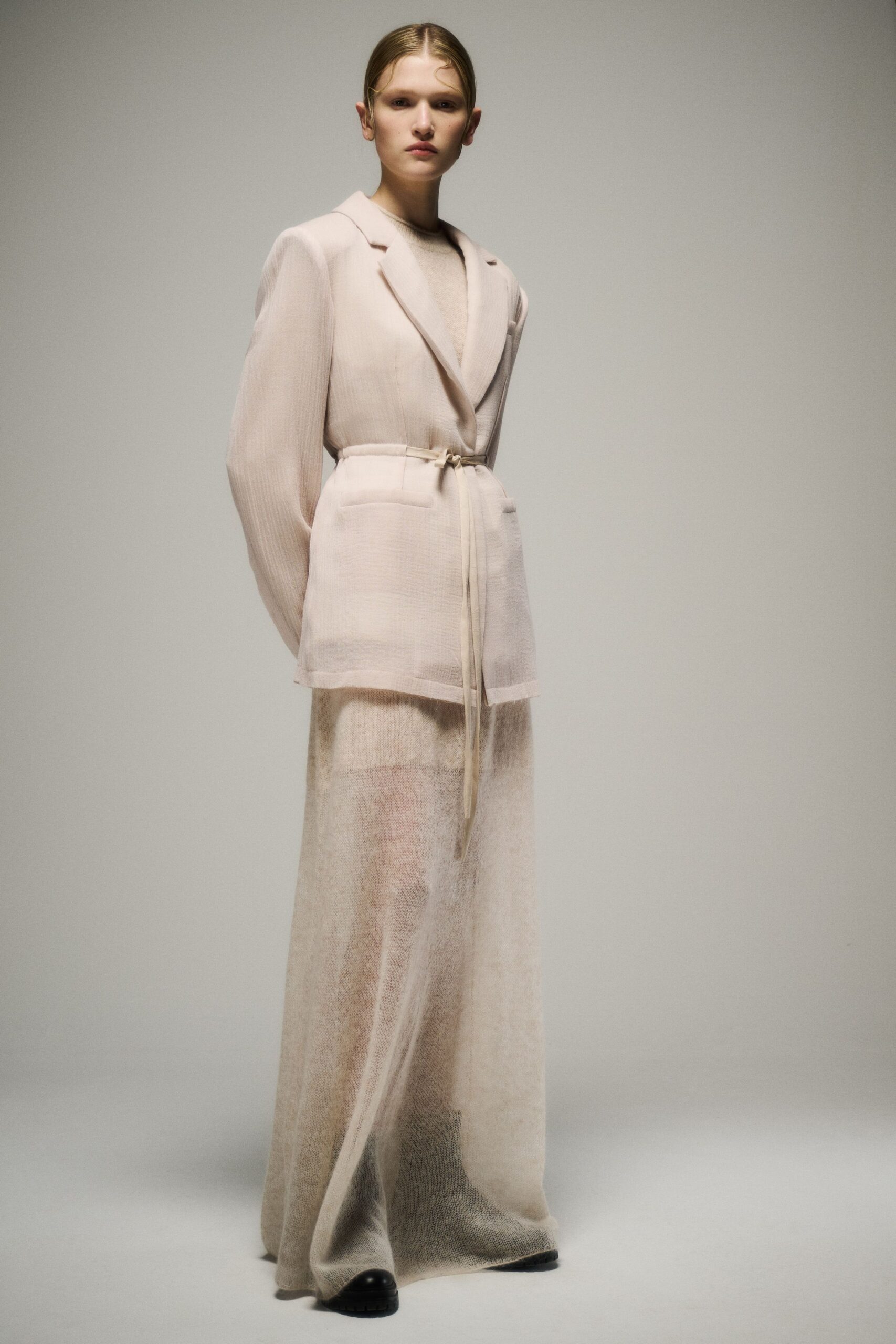 beige silk long-sleeve collared tailored belted sheer blazer