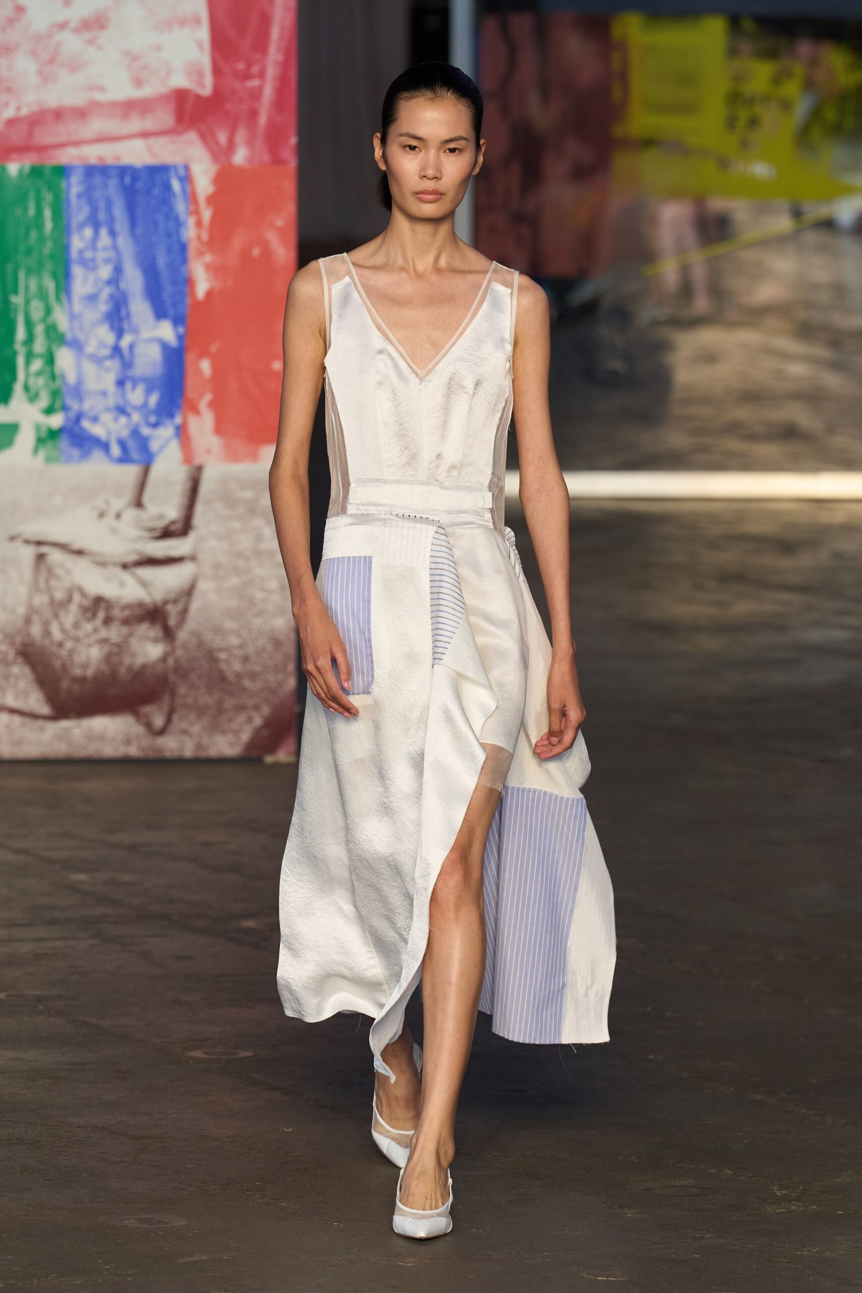 white cotton sleeveless v-neck fitted pleated layered dress