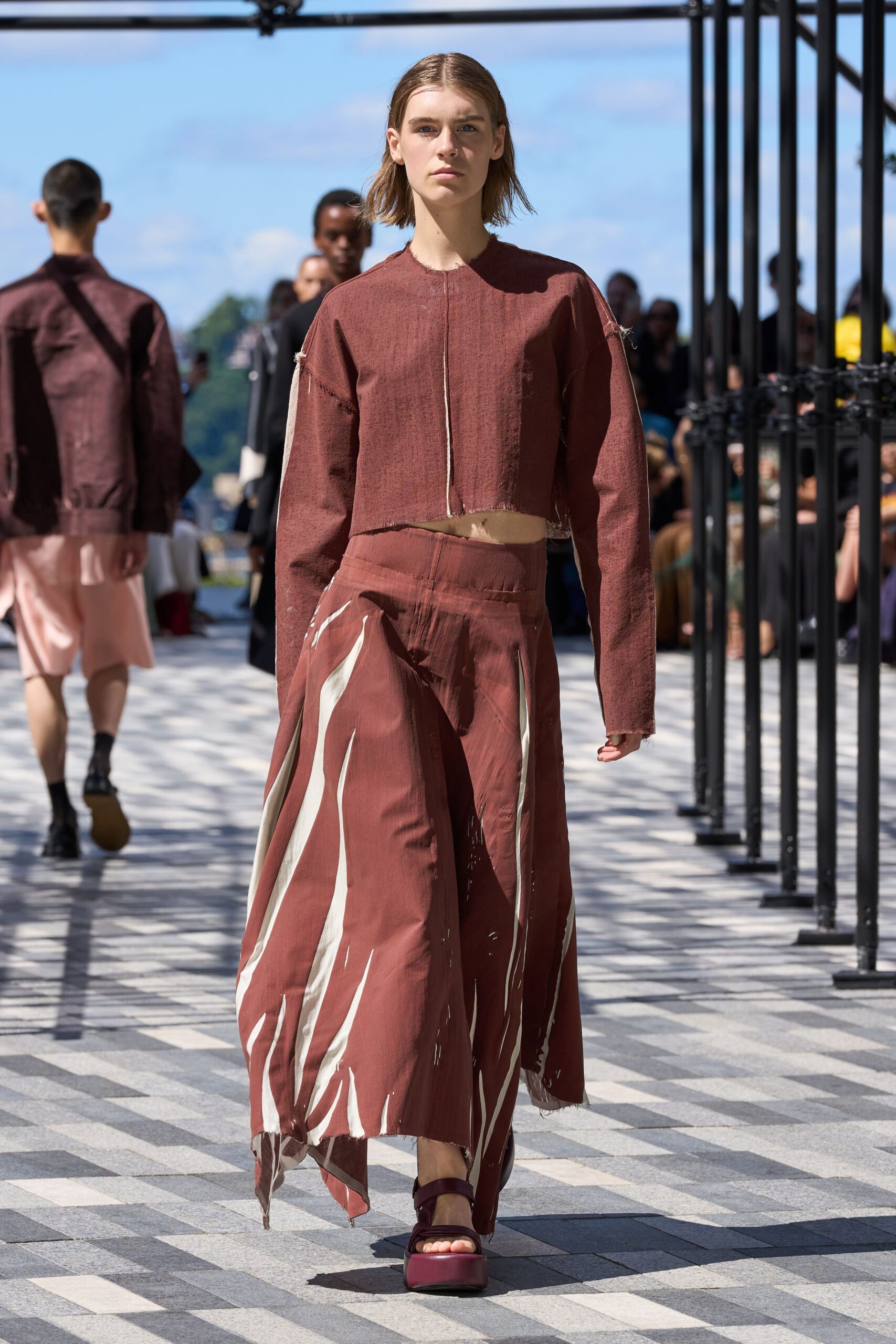 brown cotton asymmetric fitted high-waisted pleated midi skirt