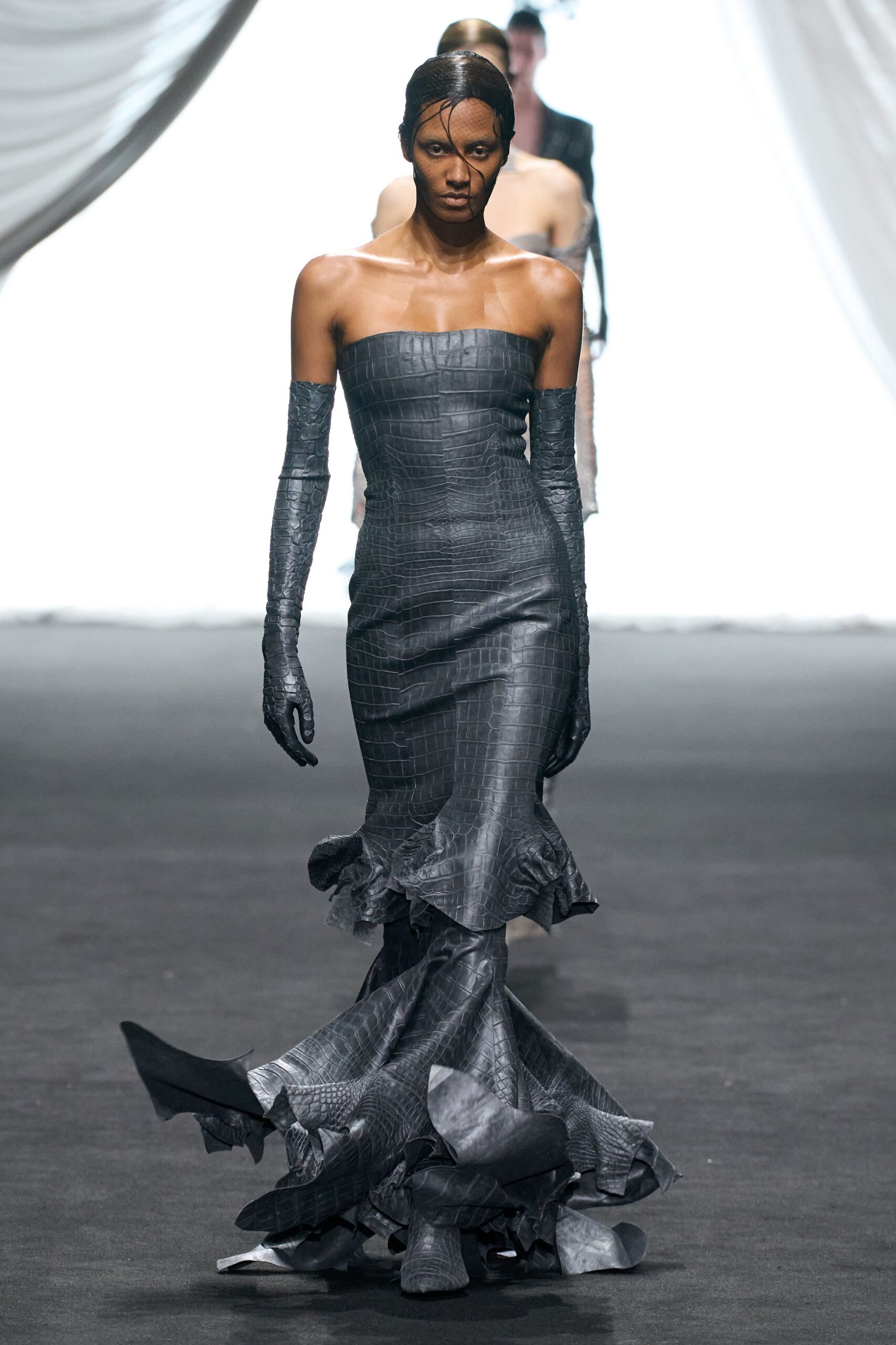 gray silk strapless gown