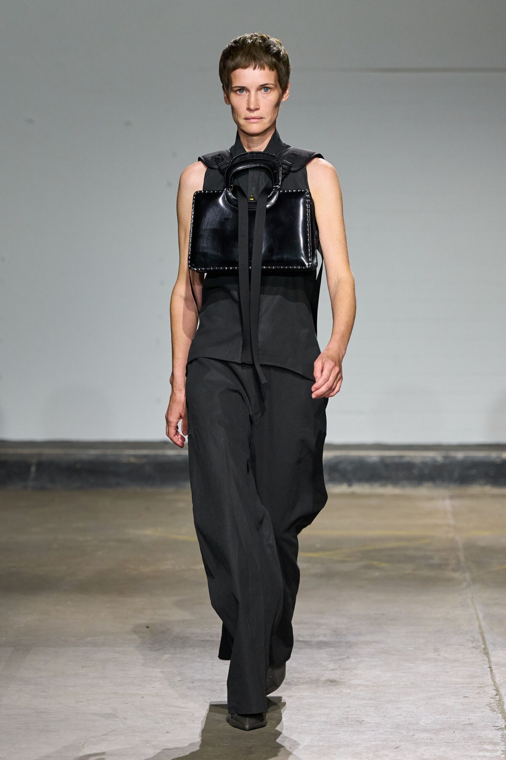 black fitted top with relaxed pants