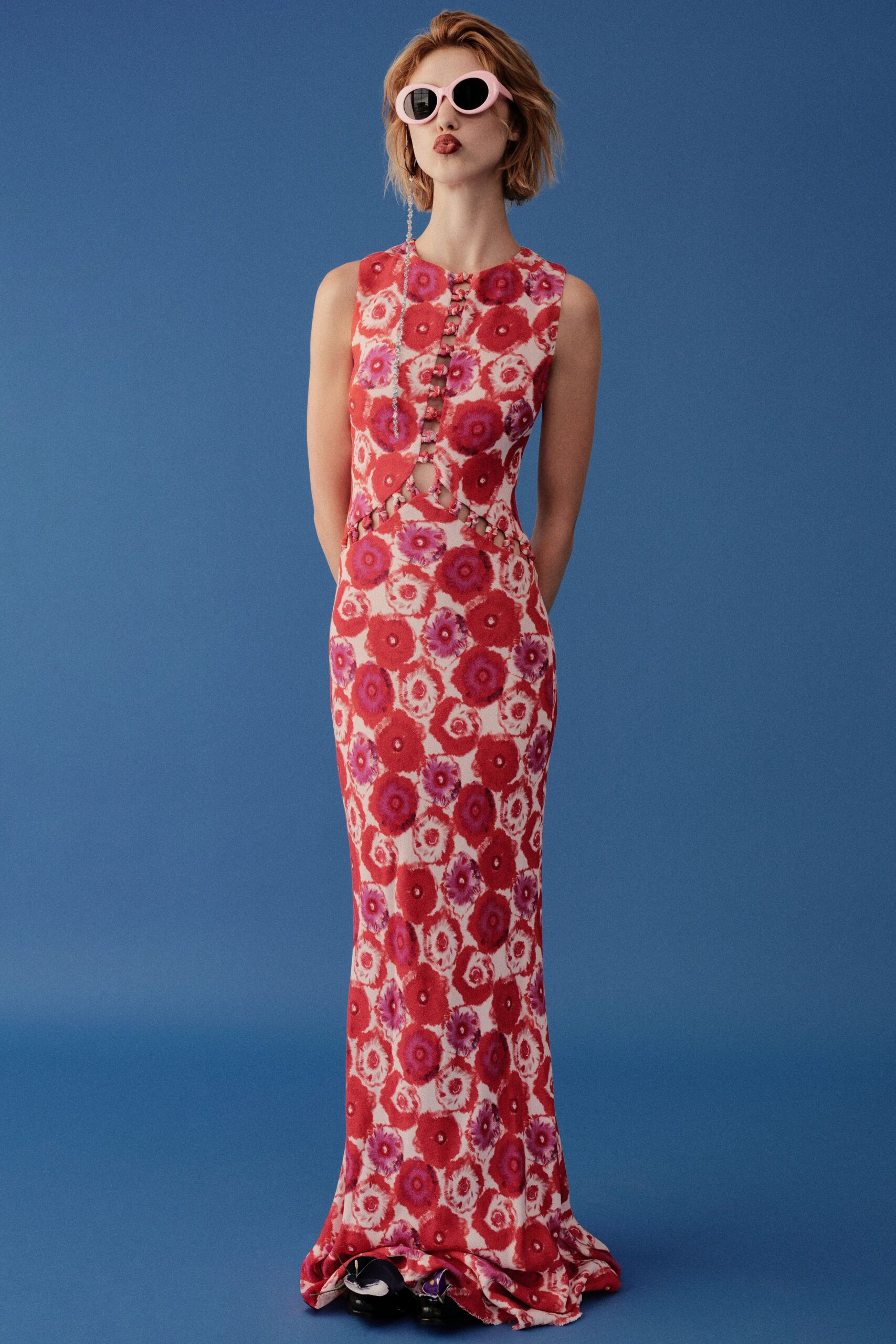red silk sleeveless high-neck fitted floral maxi gown