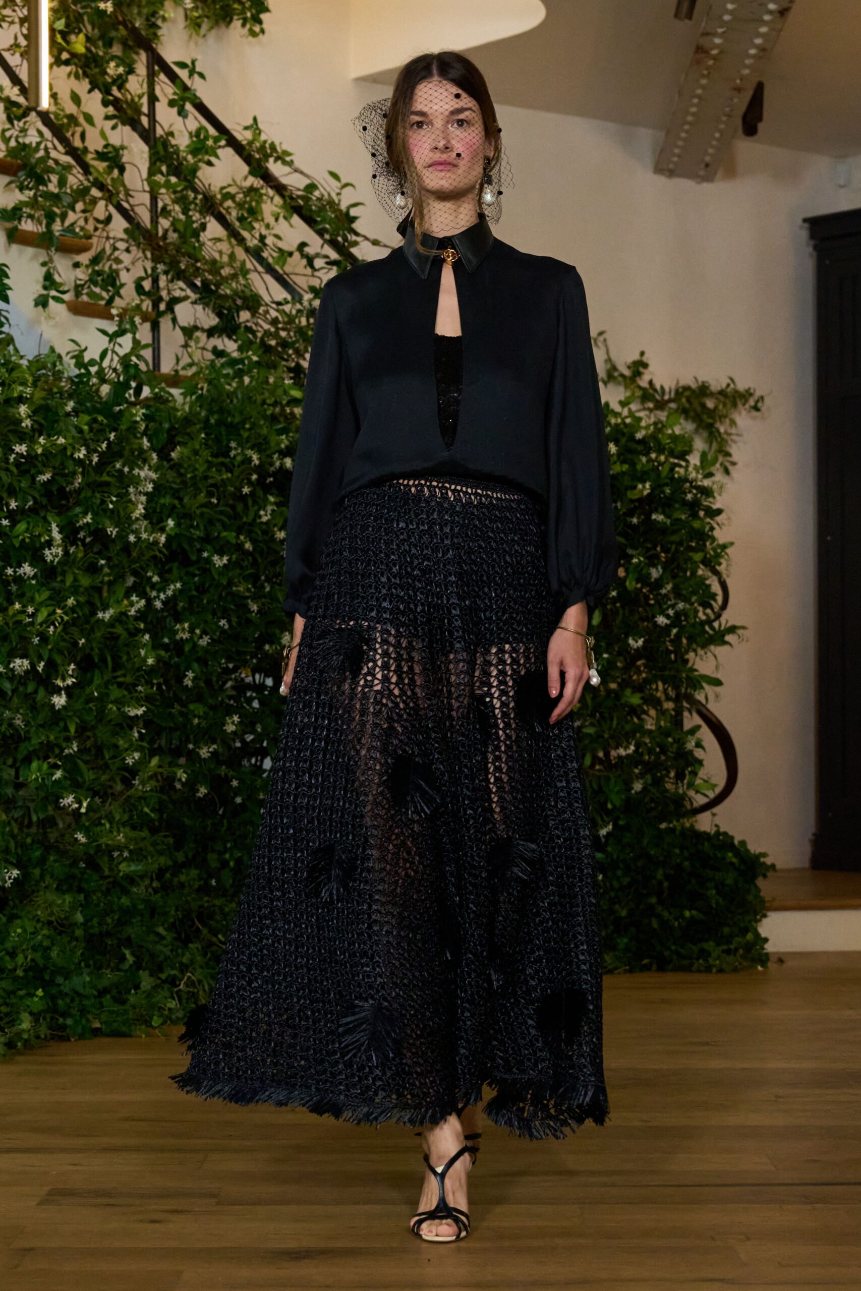 black lace relaxed tiered fringed maxi skirt