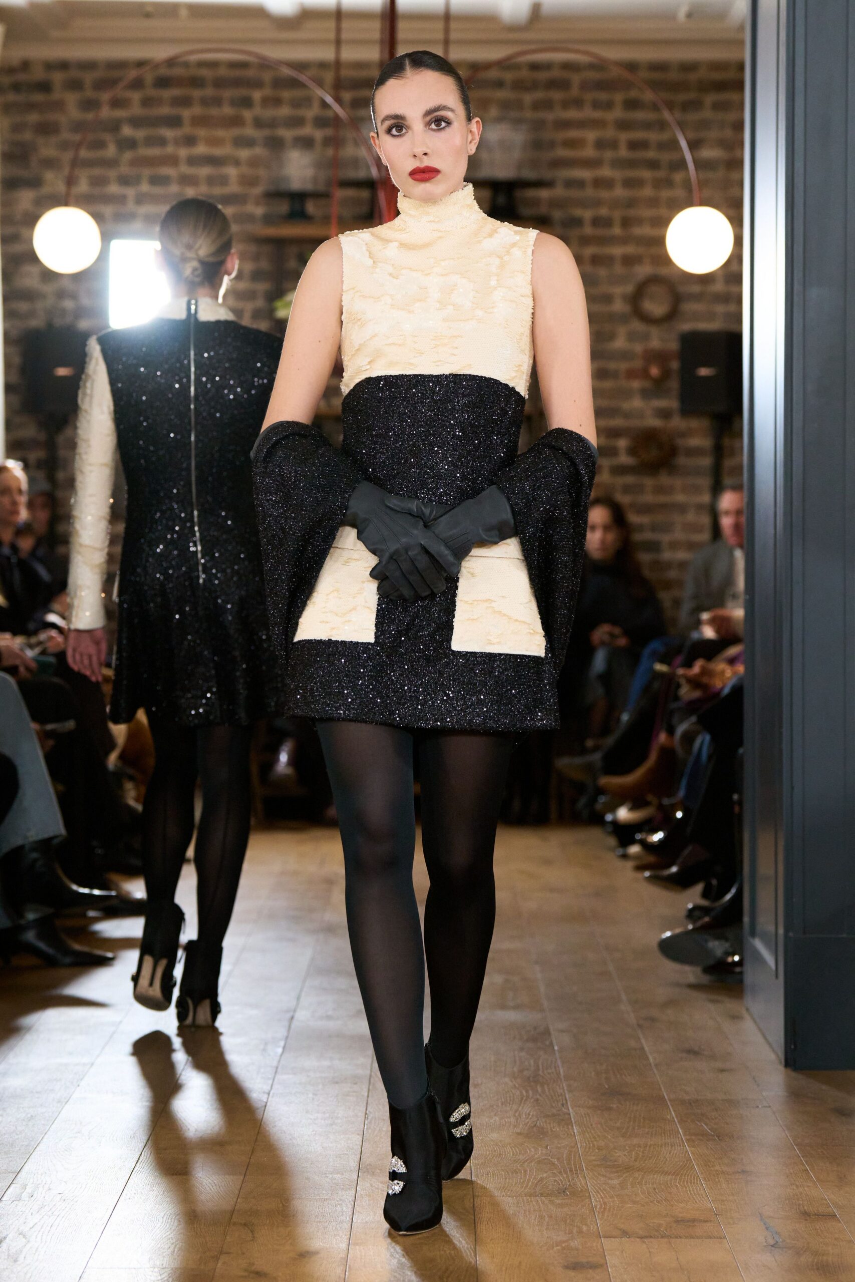 black and beige embellished mini dress