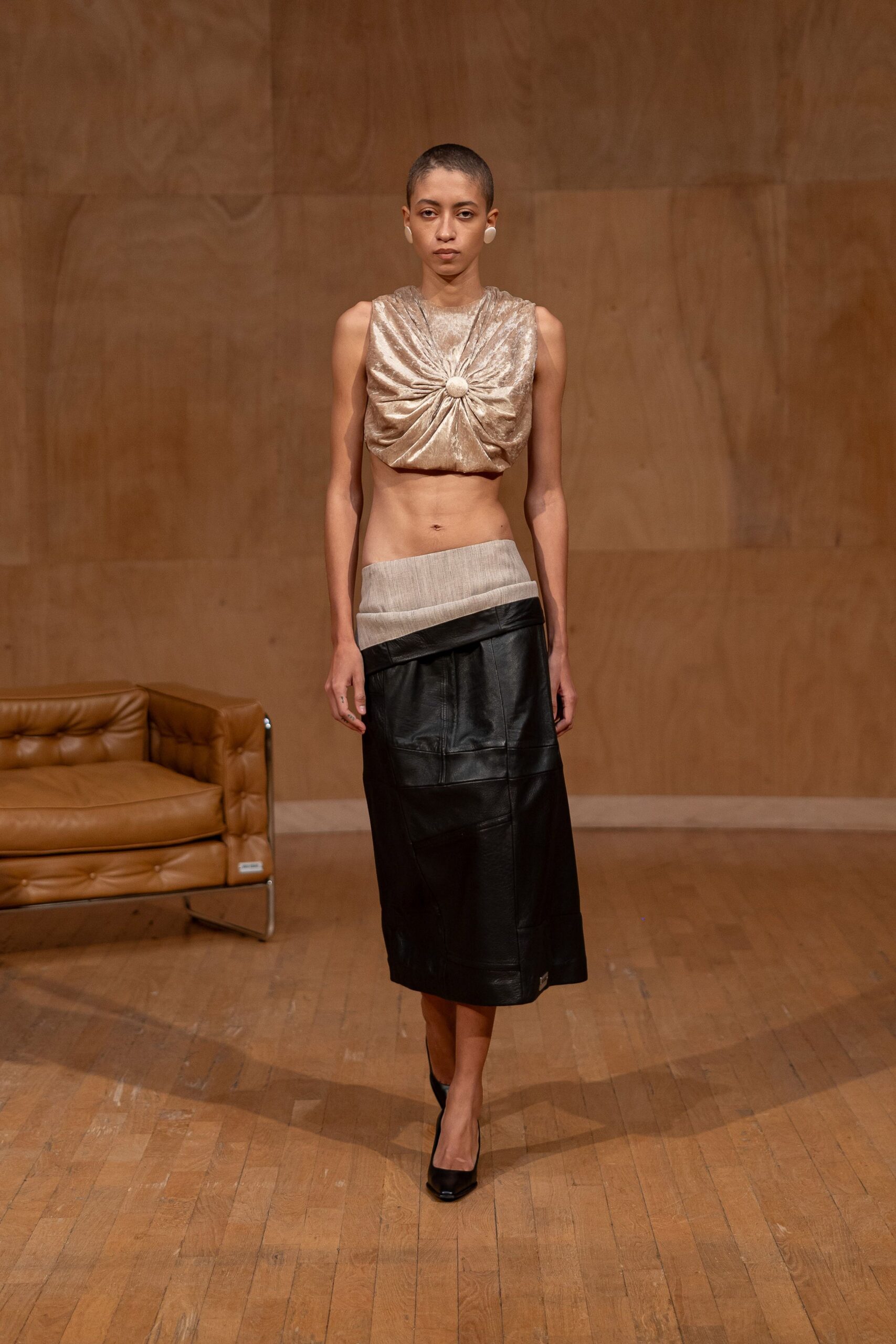 gold silk sleeveless high-neck fitted draped top