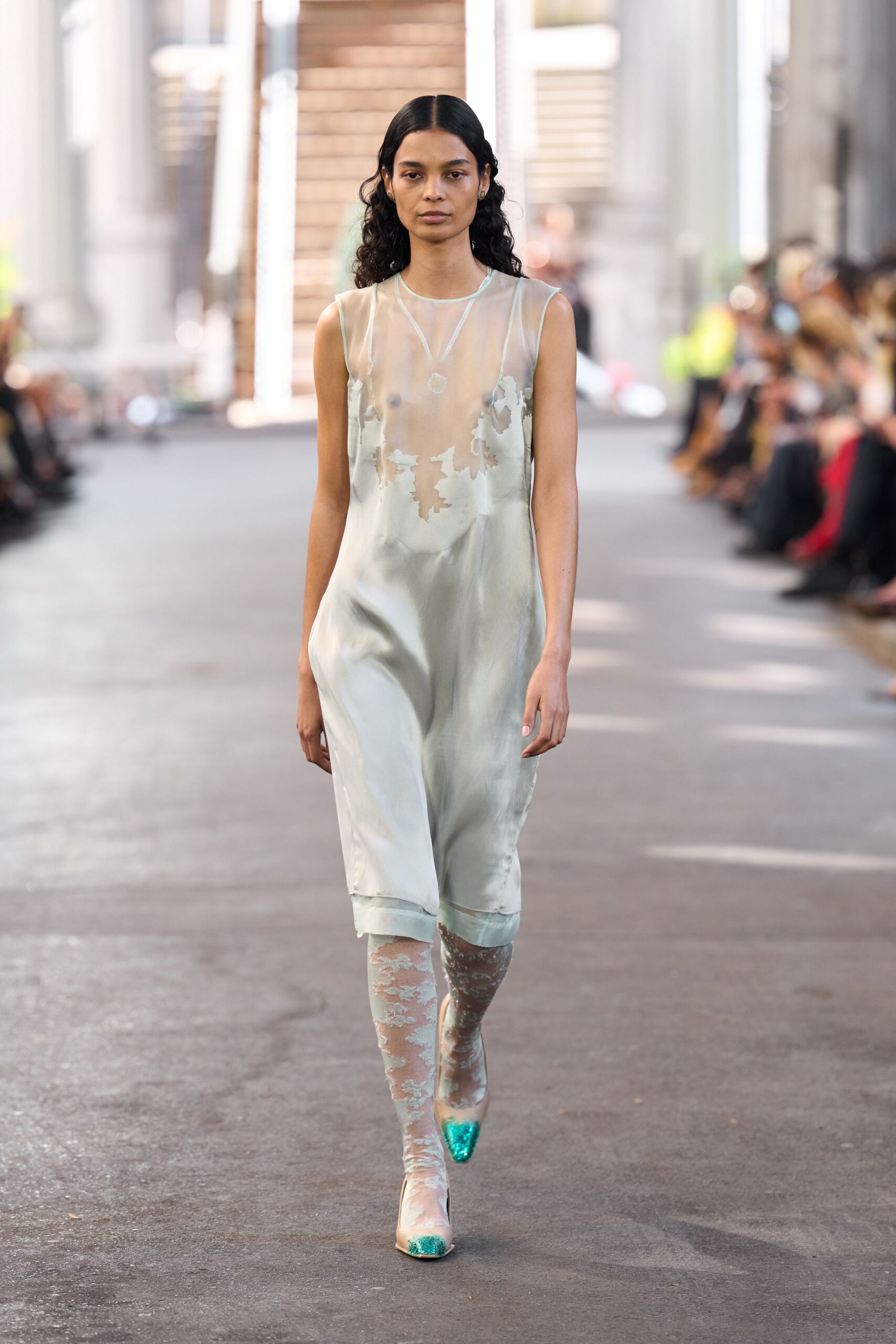 green silk sleeveless v-neck fitted layered sheer dress