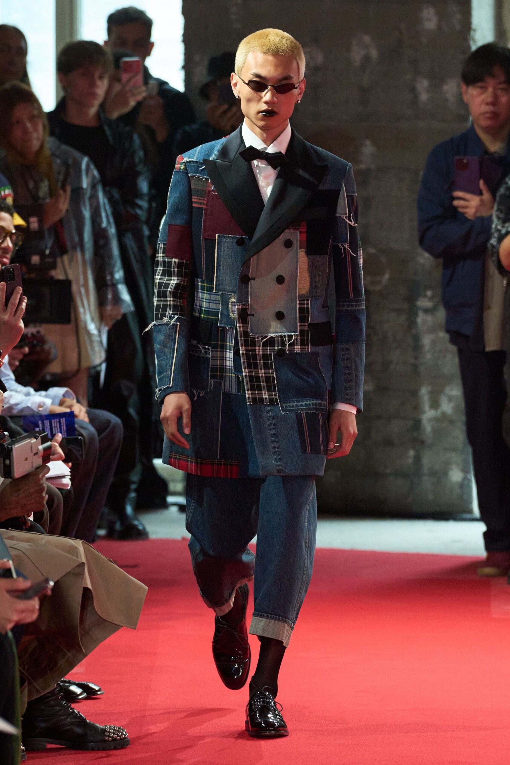 blue denim long-sleeve collared tailored patchwork blazer