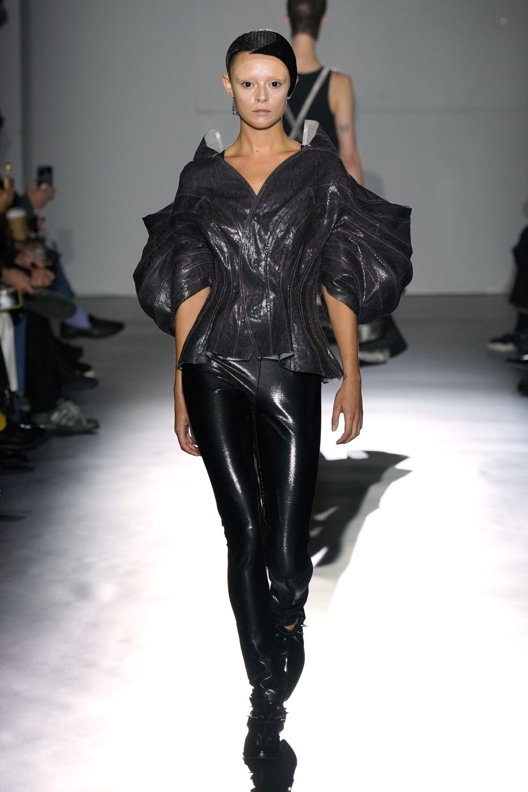 black vinyl slim straight-leg shiny pants