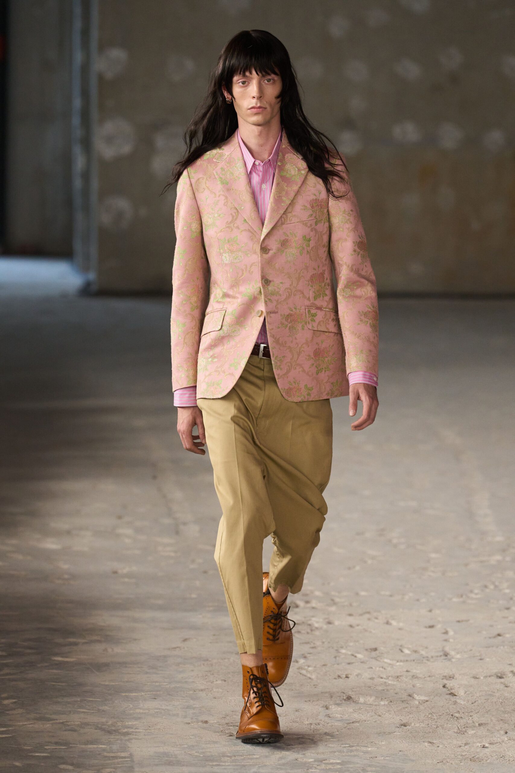 pink floral blazer with beige pants