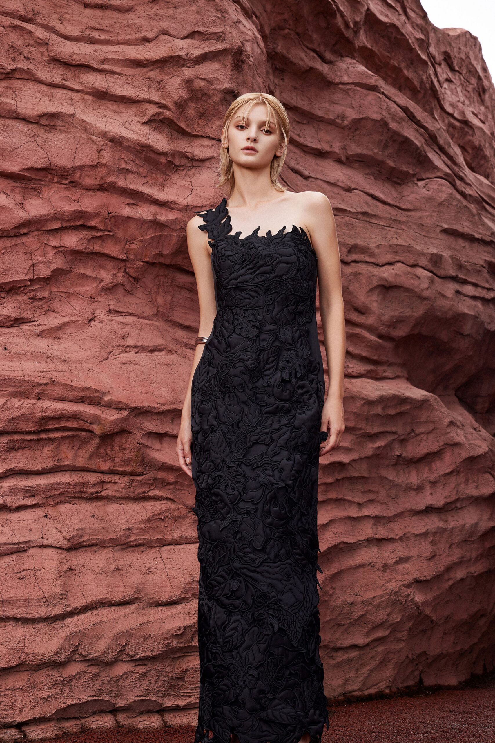 black silk off-shoulder gown