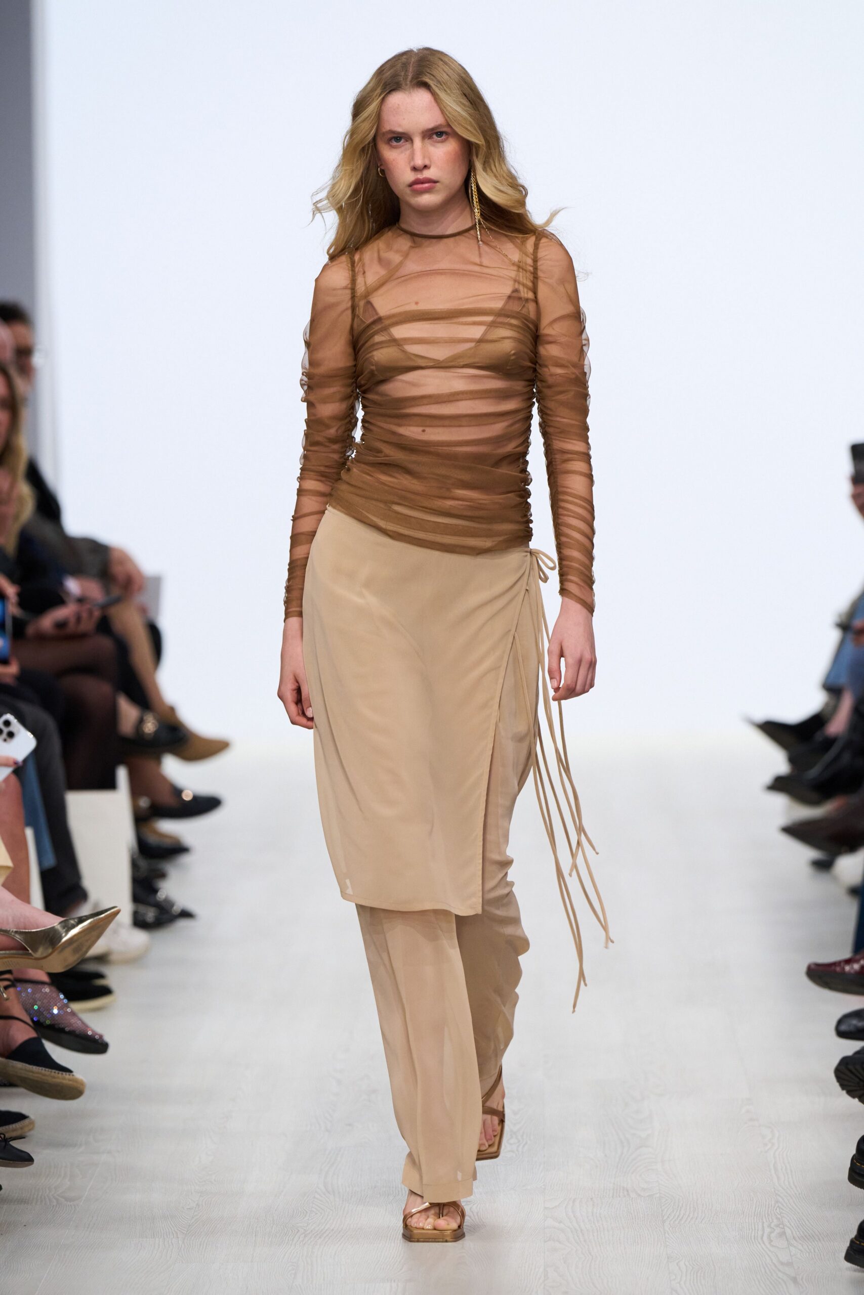 brown mesh long-sleeve v-neck fitted striped sheer top