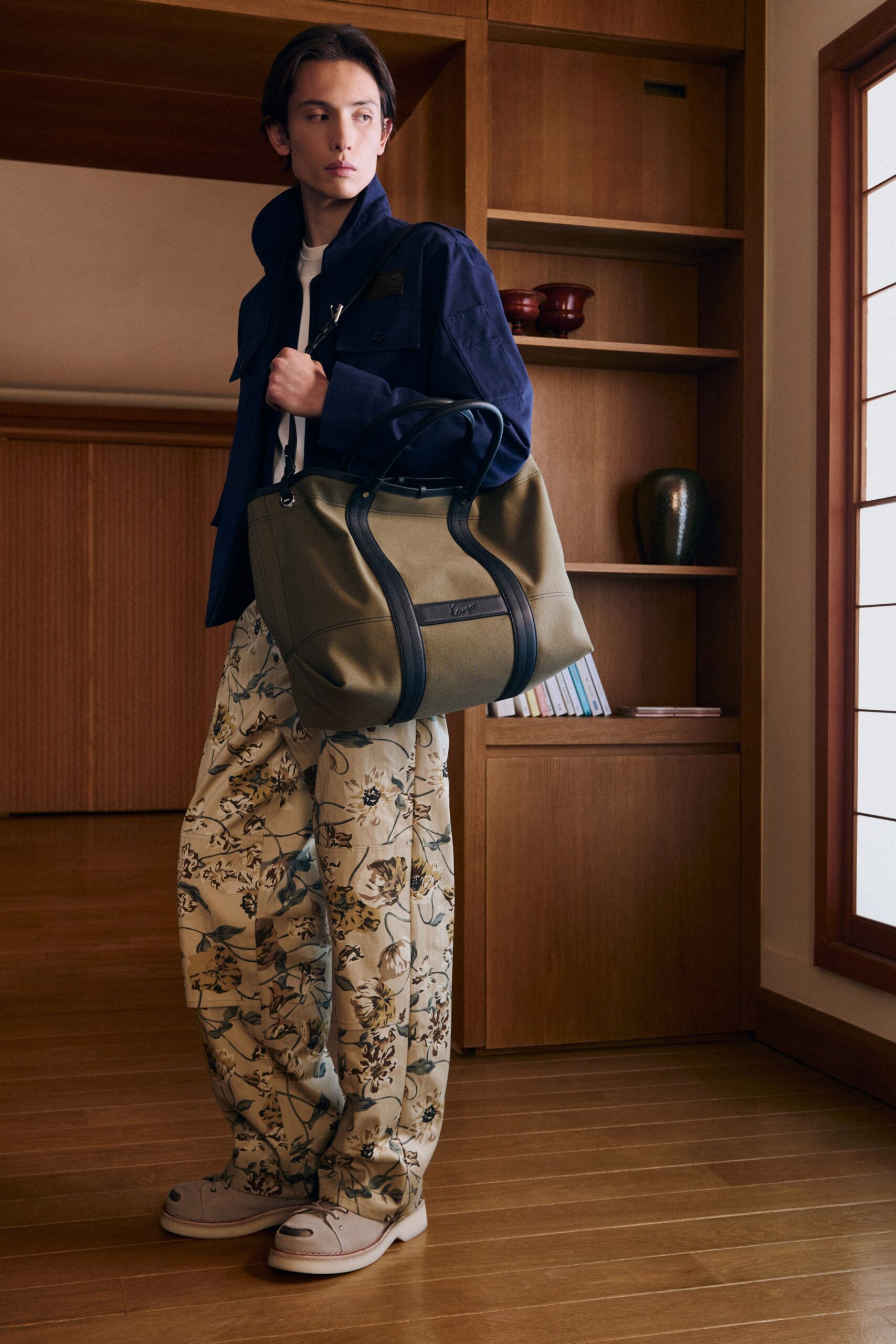 blue relaxed jacket with beige printed pants