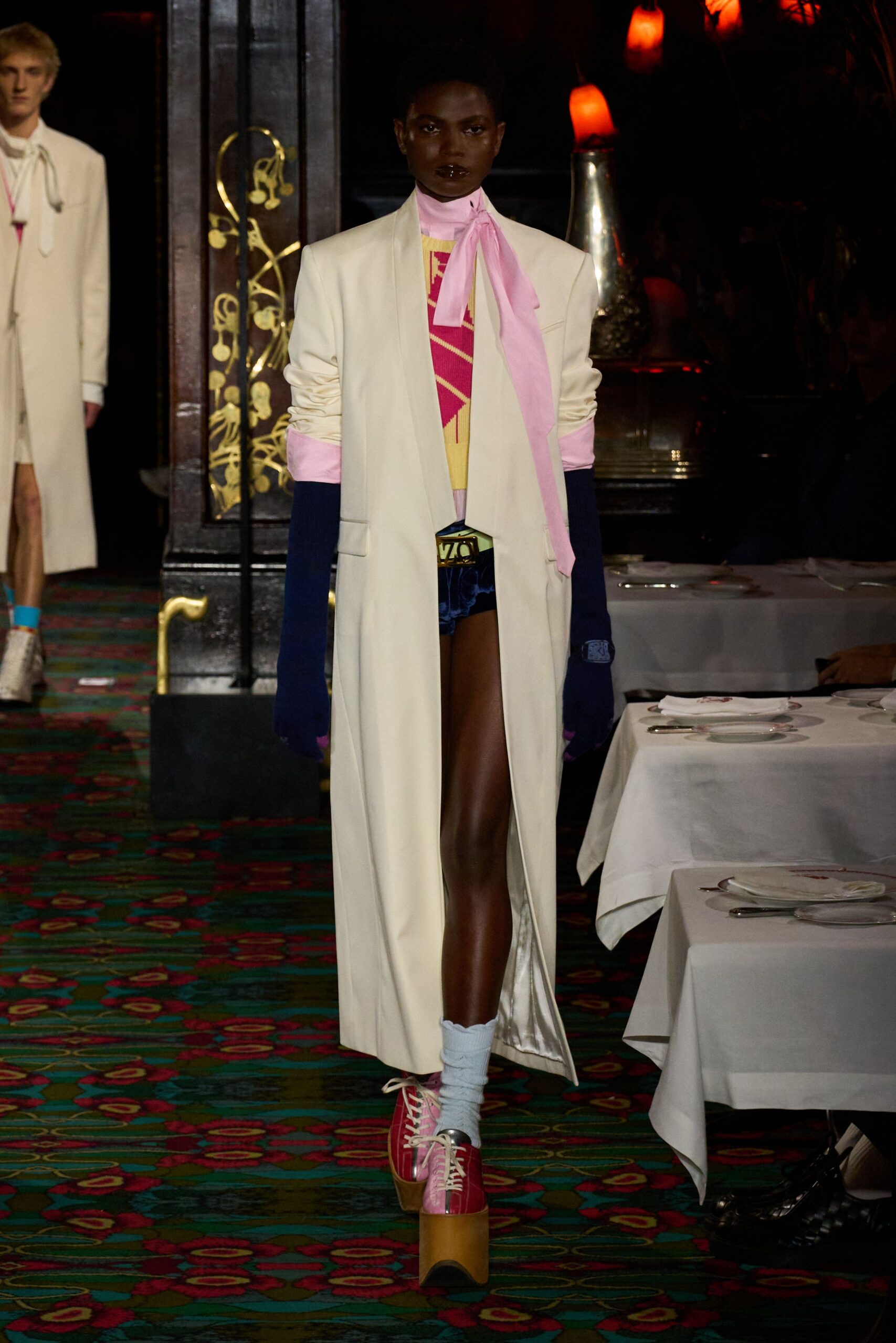 white long-sleeve collared relaxed midi coat