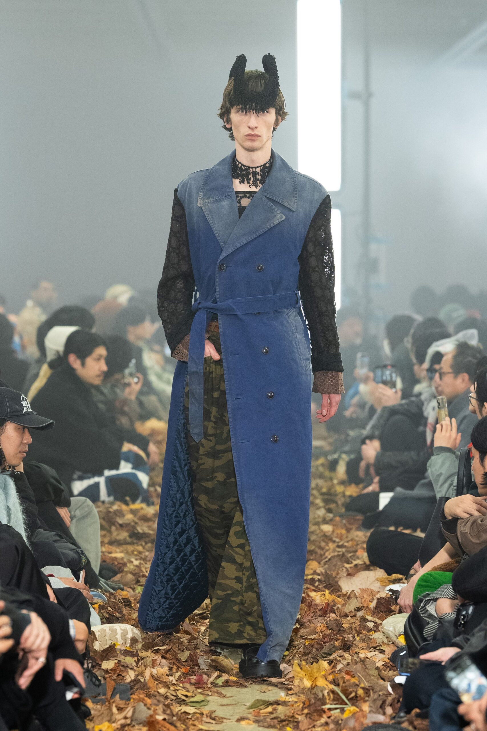 blue coat with camouflage pants