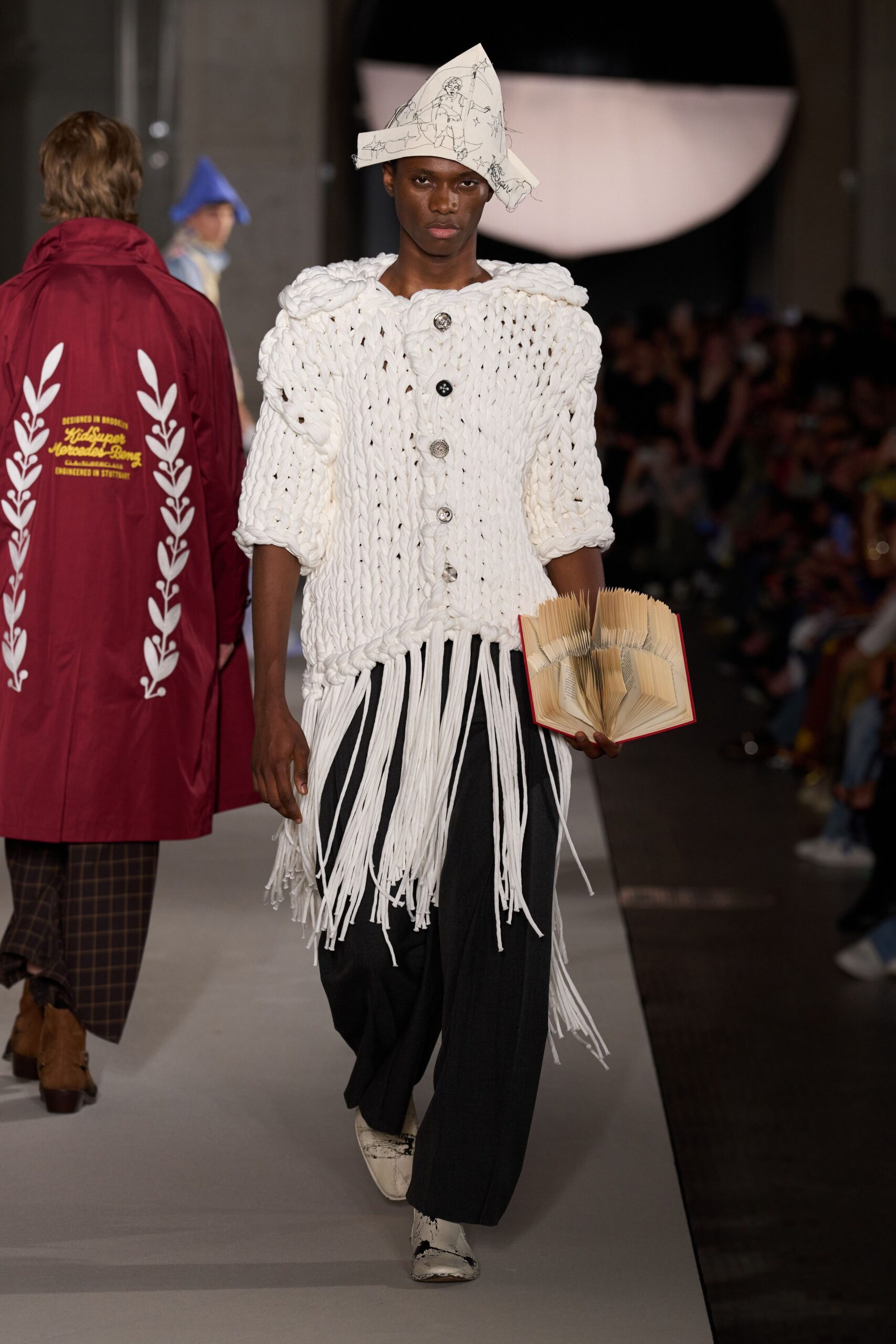 white cotton long-sleeve collared relaxed fringed buttoned sweater