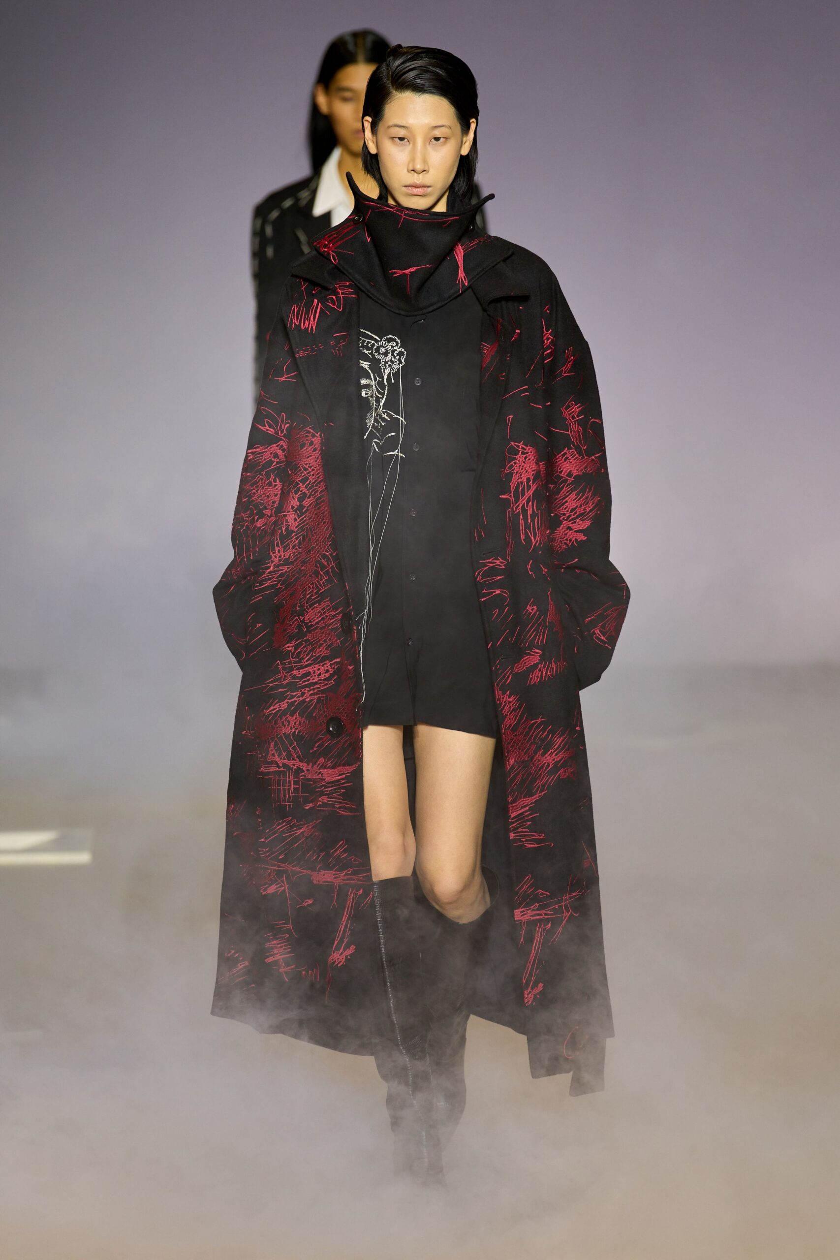 black and red printed coat