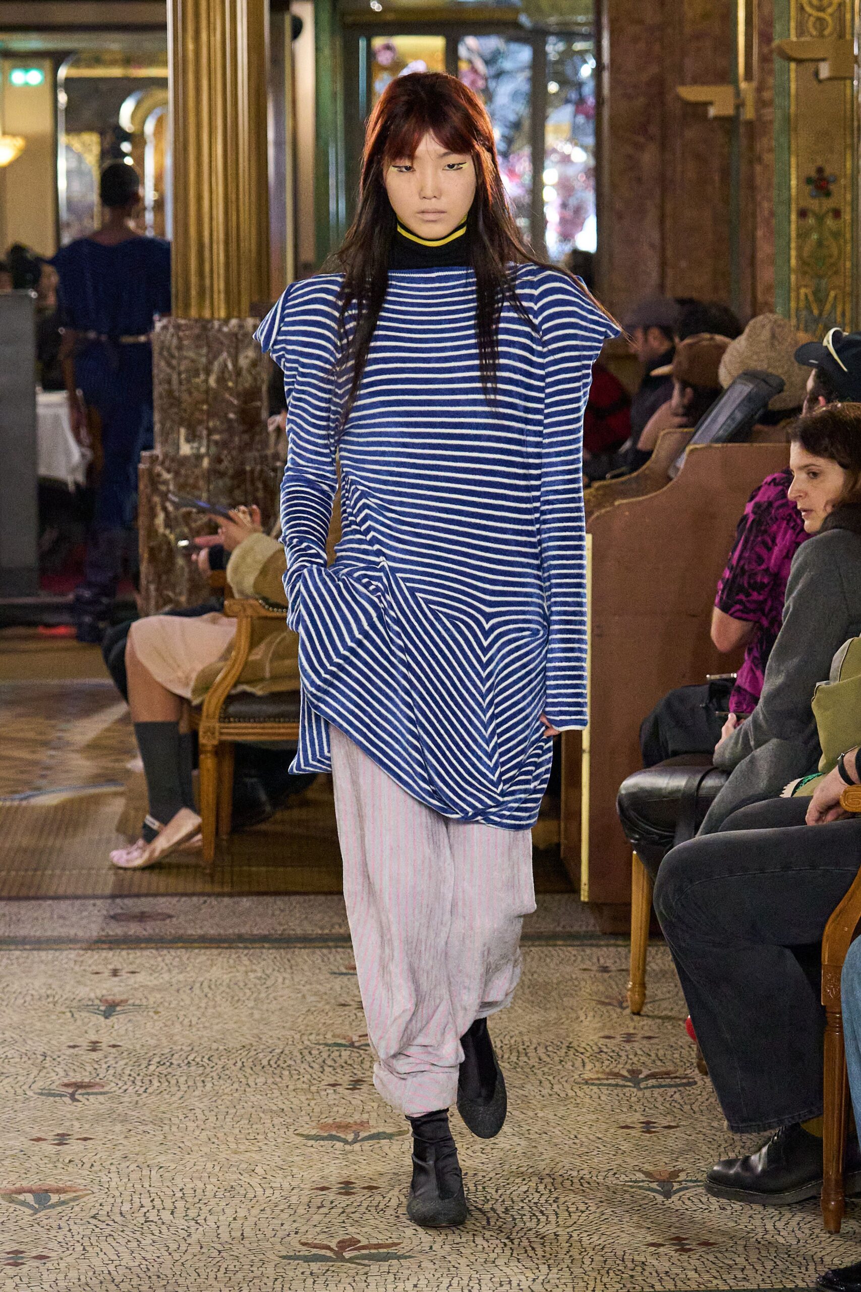 blue and white striped top with relaxed pants