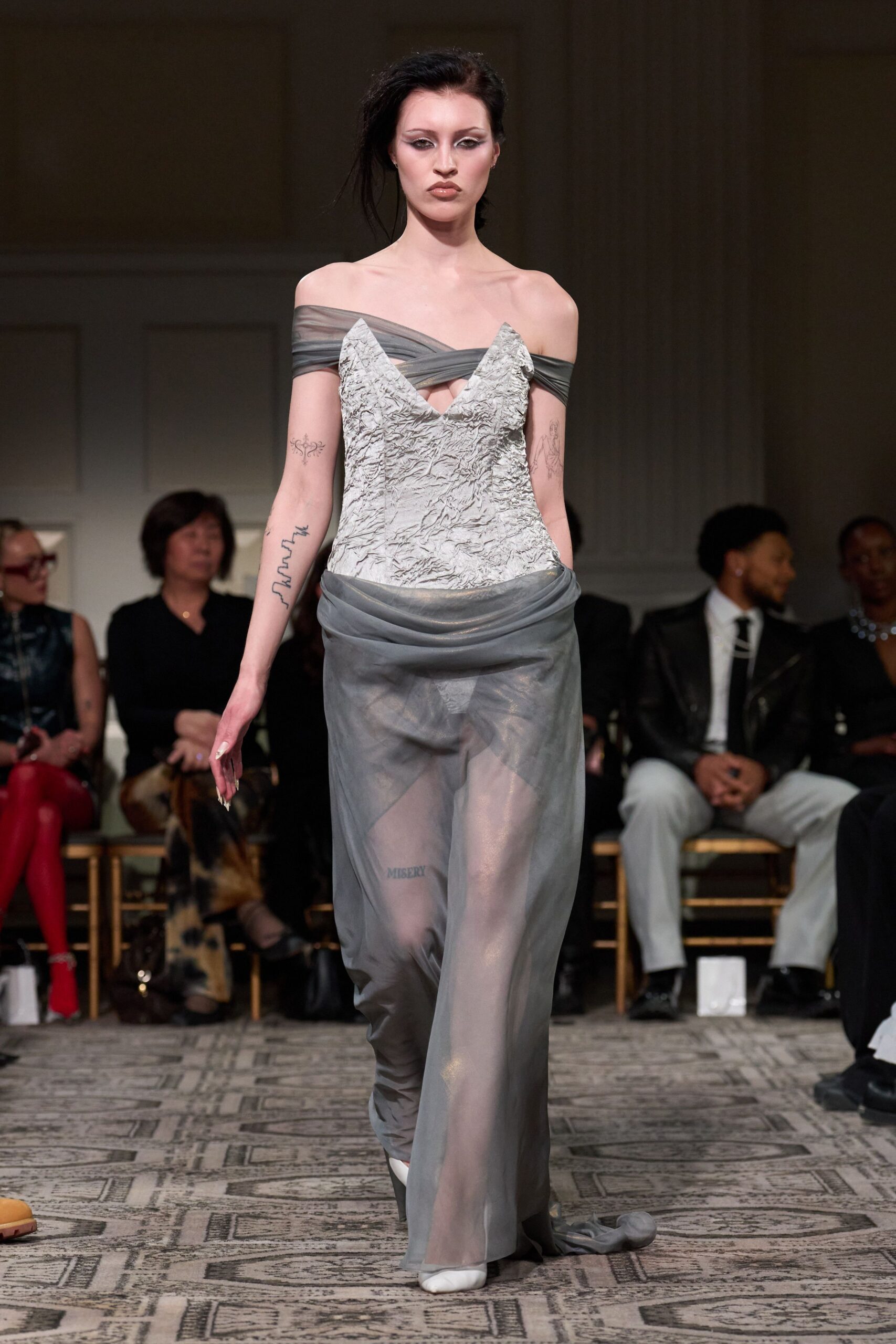 white gray off-shoulder gown